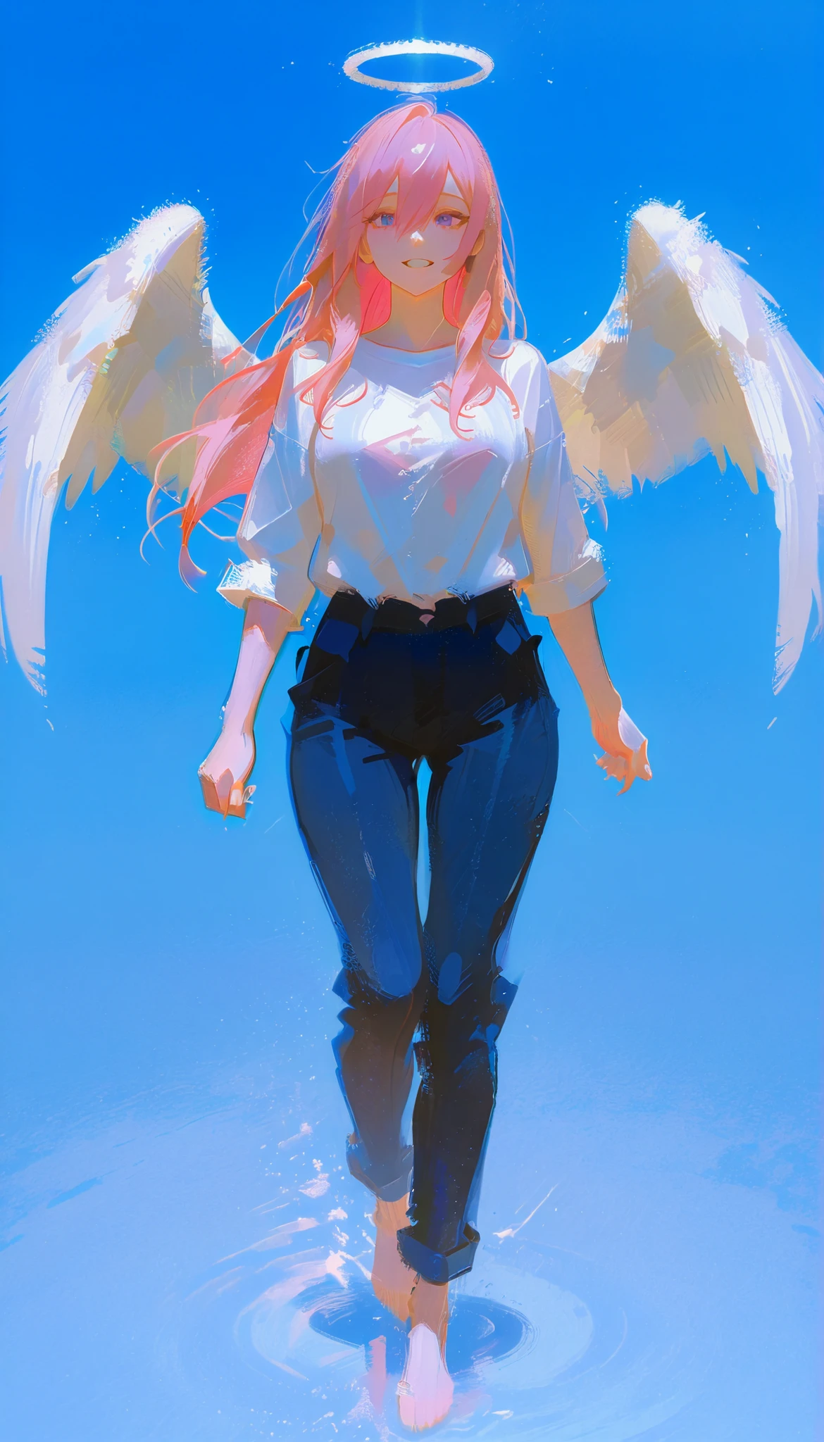 suggests a carefree and free walk, angel wings against a bright blue background I'm walking barefoot. 彼の服装teethカジュアルです, It consists of a loose white shirt with rolled up sleeves and dark blue pants. In one hand, 彼teeth靴を持っています, teeth、emphasizes themes of guidance and protection. 飛んでいる彼に同行しているのteeth白い鳩です, symbolizing peace and purity. Beneath him, 円形のサインにteeth、depicting a silhouette of a large figure holding hands with a small person, accompanies him in flight. The crisp, a transparent blue palette, a young man with an amazingly large body, gives the image a serene and uplifting vibe. The artist's signature and date are casually placed on the left side.