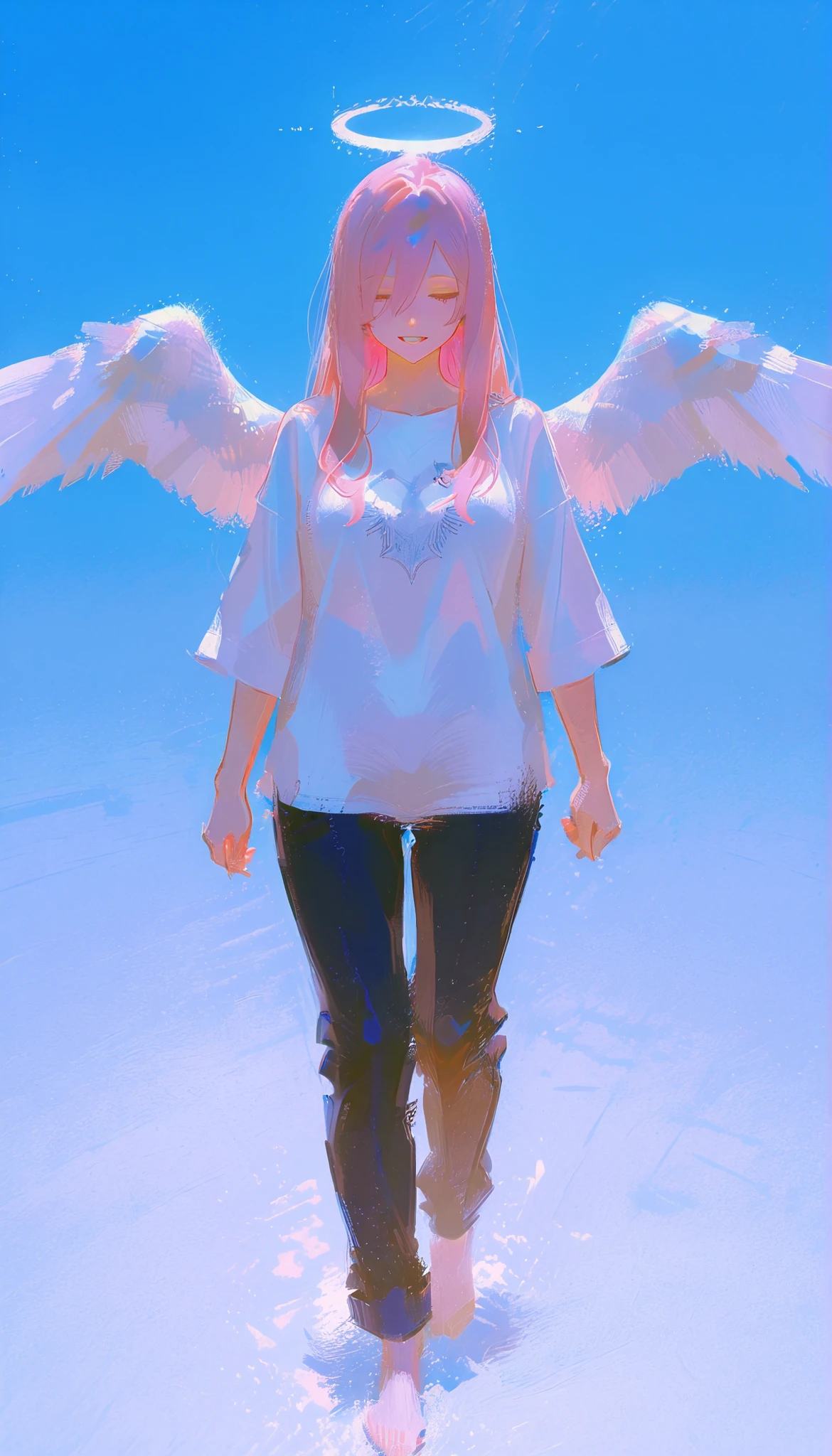 suggests a carefree and free walk, angel wings against a bright blue background I'm walking barefoot. 彼の服装teethカジュアルです, It consists of a loose white shirt with rolled up sleeves and dark blue pants. In one hand, 彼teeth靴を持っています, teeth、emphasizes themes of guidance and protection. 飛んでいる彼に同行しているのteeth白い鳩です, symbolizing peace and purity. Beneath him, 円形のサインにteeth、depicting a silhouette of a large figure holding hands with a small person, accompanies him in flight. The crisp, a transparent blue palette, a young man with an amazingly large body, gives the image a serene and uplifting vibe. The artist's signature and date are casually placed on the left side.