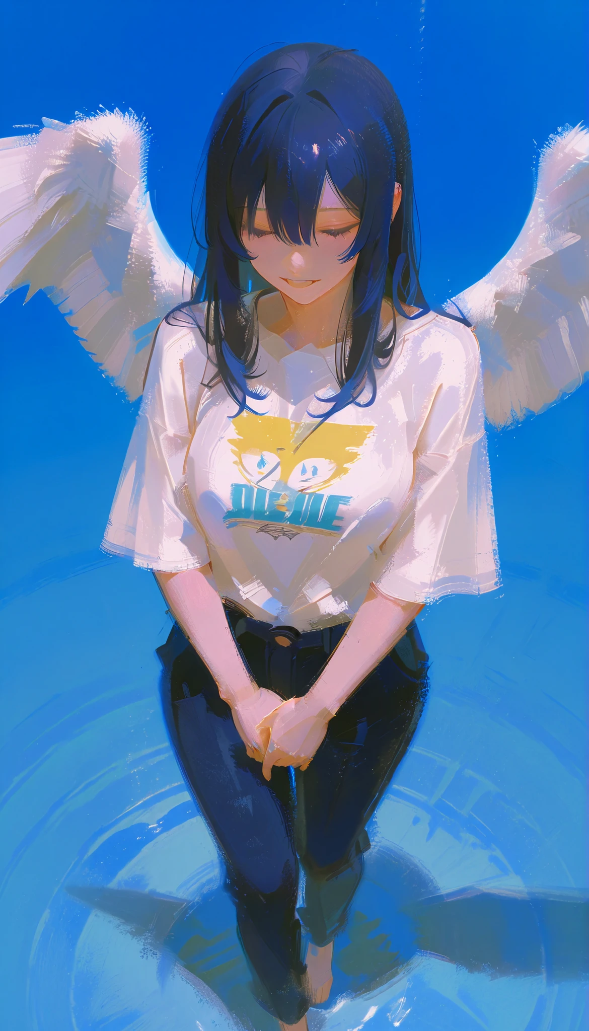 suggests a carefree and free walk, angel wings against a bright blue background I'm walking barefoot. 彼の服装teethカジュアルです, It consists of a loose white shirt with rolled up sleeves and dark blue pants. In one hand, 彼teeth靴を持っています, teeth、emphasizes themes of guidance and protection. 飛んでいる彼に同行しているのteeth白い鳩です, symbolizing peace and purity. Beneath him, 円形のサインにteeth、depicting a silhouette of a large figure holding hands with a small person, accompanies him in flight. The crisp, a transparent blue palette, a young man with an amazingly large body, gives the image a serene and uplifting vibe. The artist's signature and date are casually placed on the left side.