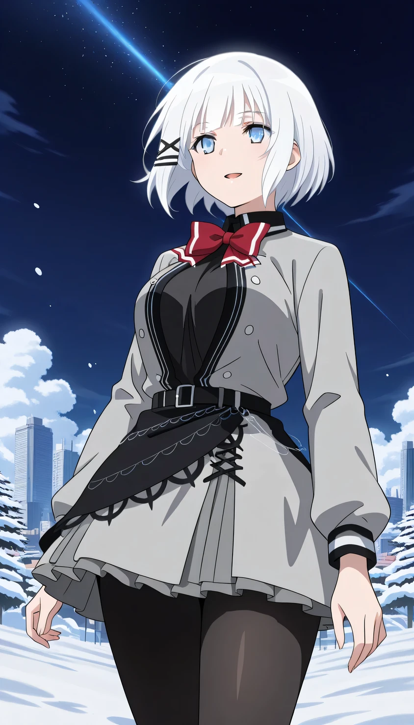 {{{masterpiece}}}, (best quality:1.2), (ultra-detailed:1.2), {illustration}, {{an extremely delicate and beautiful}}, (beautiful detailed eyes:1.2), absurdres, highres, extremely detailed face, 16k, hd, visual anime de uma jovem mulher, extremamente bonito rosto de anime, anime melhor garota, (perfect hands, perfect anatomy), anime face, Siesta (The Detective Is Already Dead), 1girl, solo, cute face, white hair, short hair, bangs, x hair ornament, sidelocks, blue eyes, (High resolution eyes, Beautiful eyes, Light in the eyes), medium breasts, big hips, curvaceous, BREAK, (grey jacket:1.2), grey dress, open jacket, long sleeve, grey sleeve, black shirt, collard shirt, red bowtie, black belt, (black apron:0.8), grey skirt, flared skirt, short skirt, black pantyhose, BREAK, expressionless, smiling, open mouth, look at the sky, outdoor, night, (city ​​night view:1.3), night sky, (snow:1.3), snow clouds, clouds (peer in from below:1.3), (upper body:1.2)
