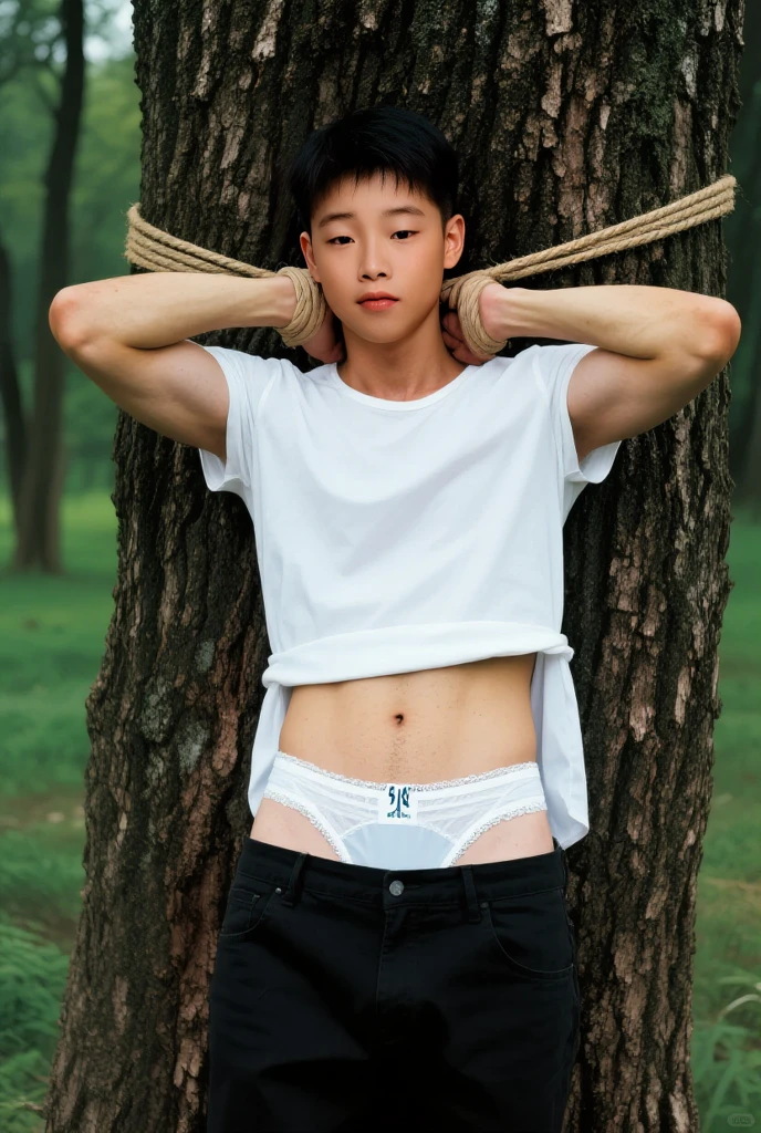 Asian muscular young boy sitting on grass, , Dark eyebrows, , abs, wearing white  high cut underwaer, white high cut Jockstrap, muscular young male, mid shot portrait, high quality portrait, Attractive pose, cute young man, gorgeous young model, portrait a 25 - year - old boy, casual photography, Realistic. Cheng Yi, cute young man, ((wearing micro string ))
