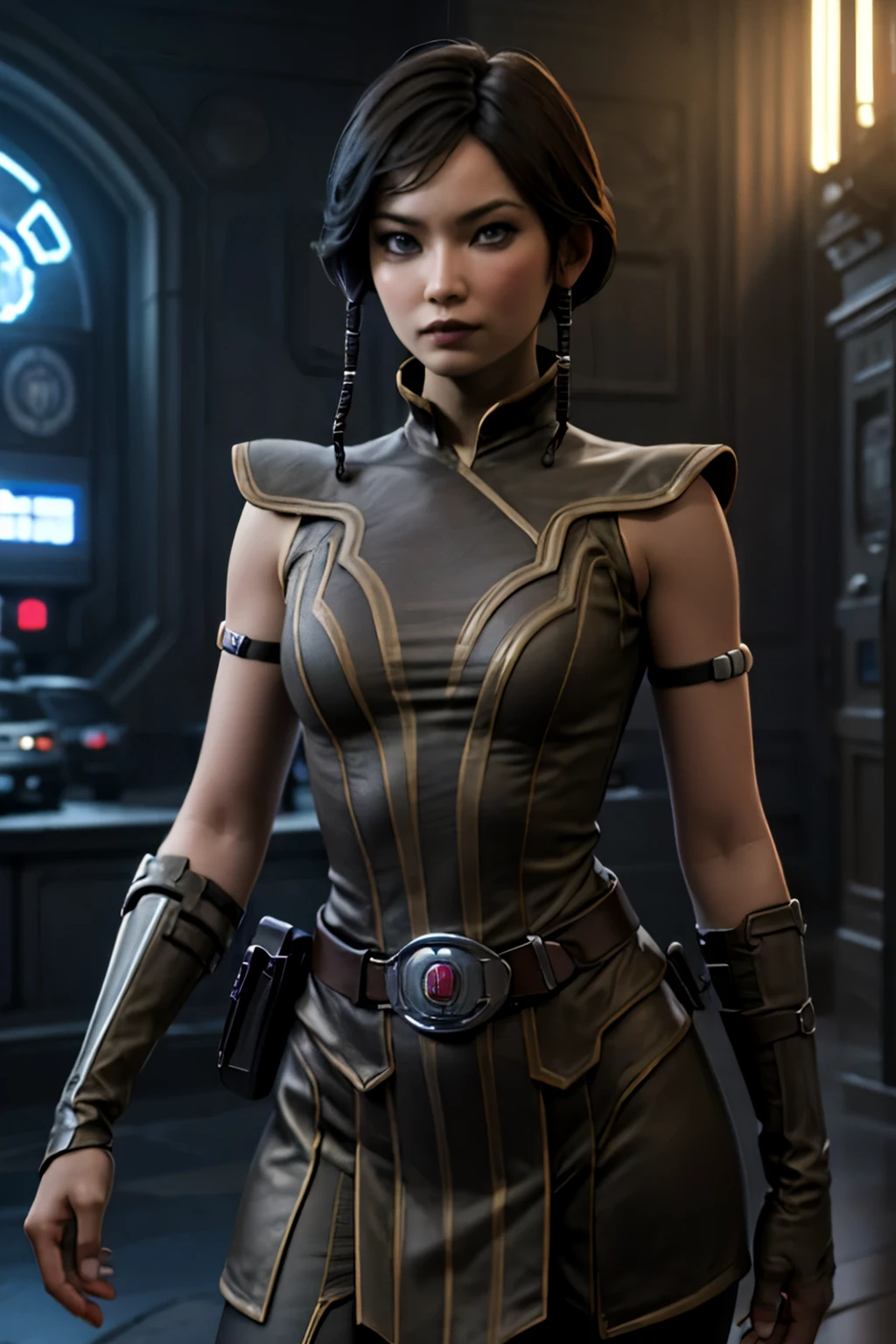 SateleShan, braid, twin braids, hair tubes, blue eyes, armor, belt, gloves, 1 girl, solo, the girl has a slender figure, medium breast, the girl has beautiful red and penetrating eyes, the girl has an incredibly beautiful face. The girl is looking at the camera. The girl is standing in an elegant pose. The girl is standing at the main entrance to the Jedi Temple in the Star Wars universe. (masterpiece, detailed:1.2), correct lighting, correct shadows, (a masterpiece:1.0), (best quality:1.2), extremely detailed CG unity 8K wallpaper, perfect lighting, colorful, ultra-high resolution, a detailed background.