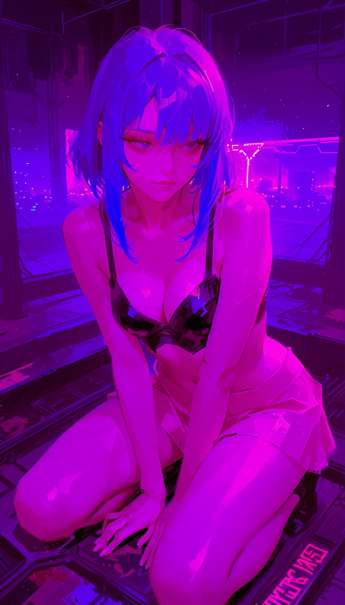 Woman wearing blue hair and pink skirt kneeling on a circular surface, Ross draws vibrant cartoons, digital cyberpunk - Anime Art, rossbright in pastel colors, digital cyberpunk anime art, BeepleとJeremiah Ketner, cyberpunk art style on the background of an abandoned city, dreamy cyberpunk girl, neon digital art, anime cyberpunk art, Glowwave girl portrait, bright cyberpunk glow, neon lights and fantasy