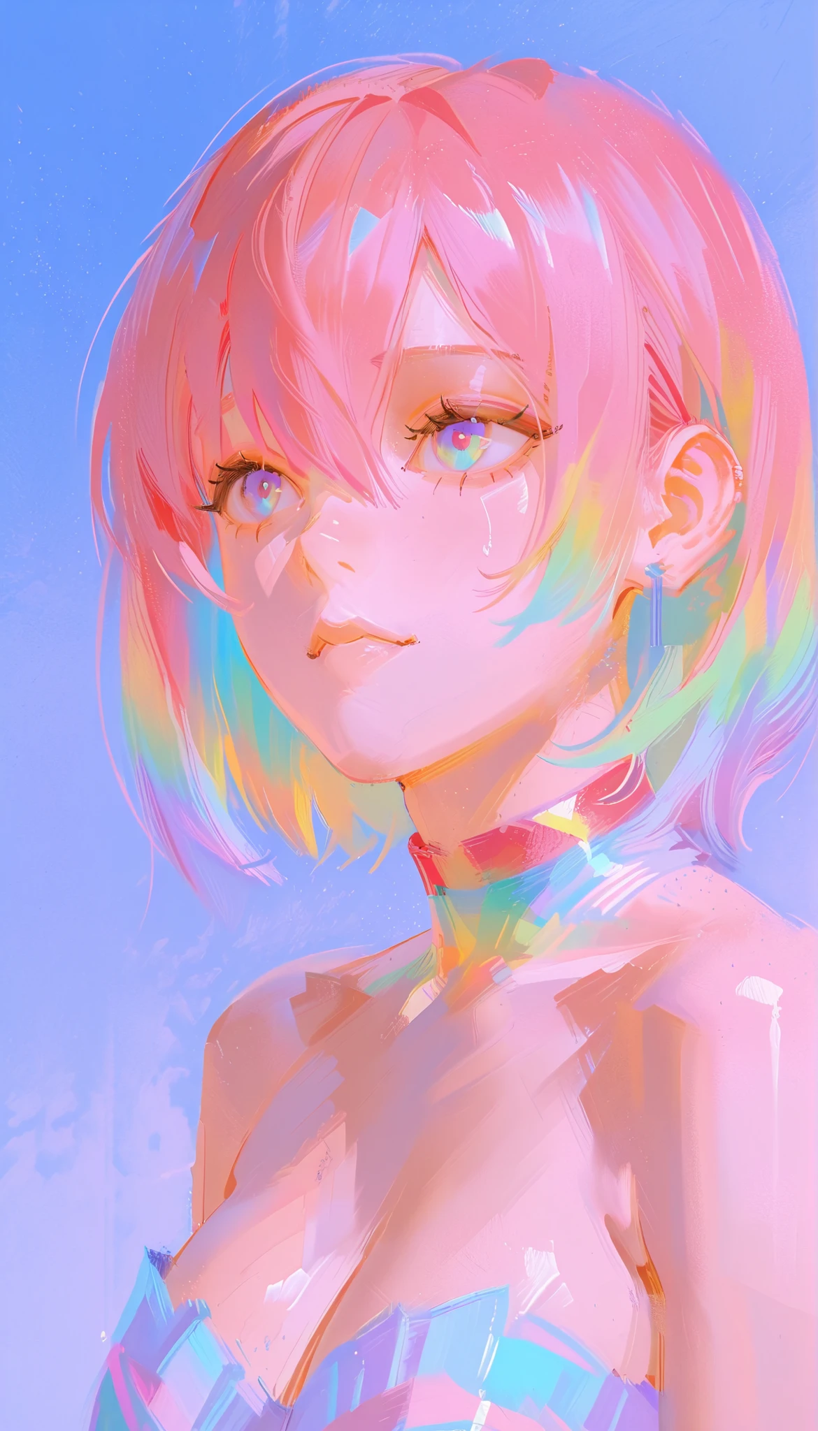 anime girl with bright eyes and pink and blue background, rainbow-colored illustration , shiny digital painting, just a joke , amazing digital illustration, The, artem demura Beeple, Beeple colors, iridescent skin, Beeple and james jean, realism | Beeple, digital illustration style