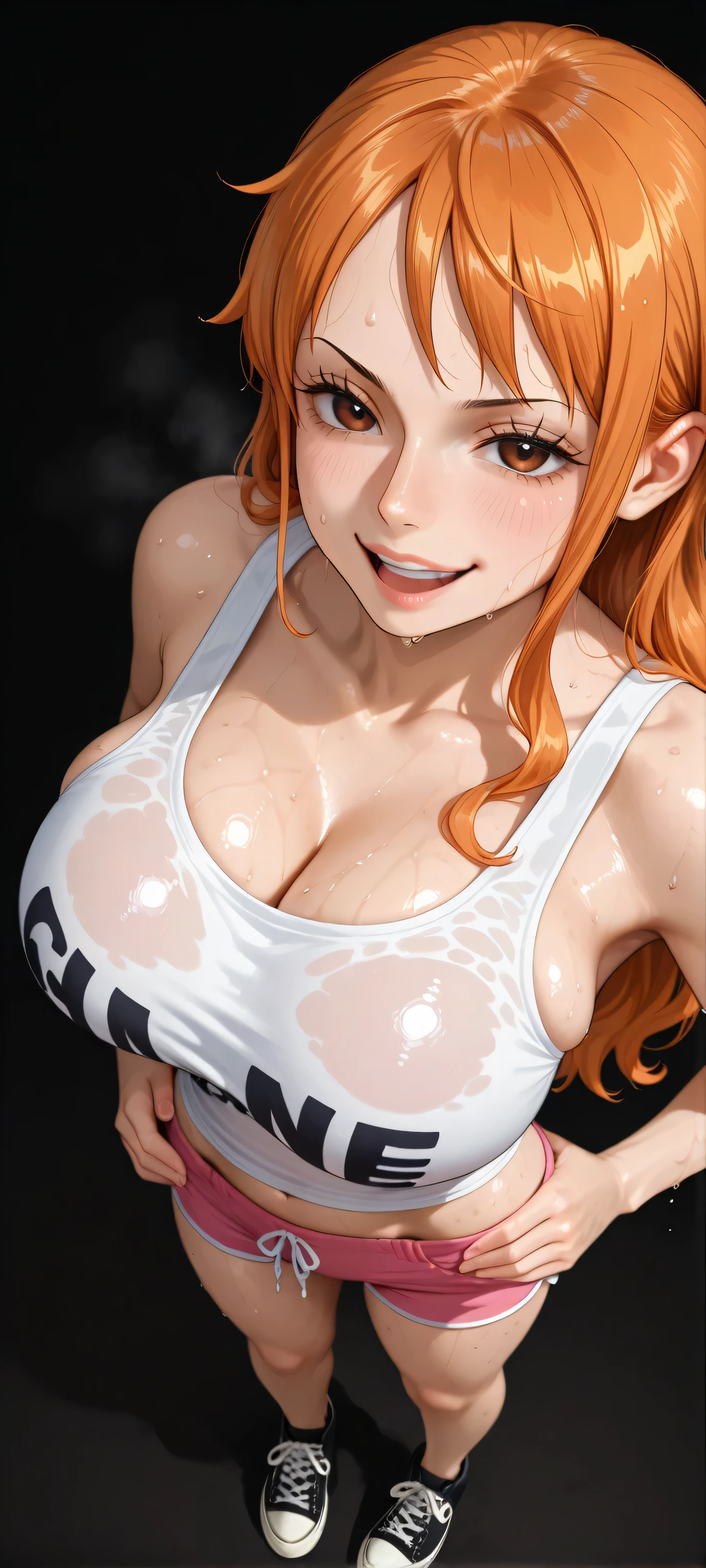 overhead shot: nami (one piece), real skin, focus on face, focus zoom, eyes half closed, naughty face, smile, only upper teeth, she looks sexy, long breast, big breast, she was wearing a white wet tank top, very sweaty and wet skin, slippery, sweaty and wet body, sexy pink shorts, converse shoes, and she was standing, both hands hold the hips, full body shot, against a black background.