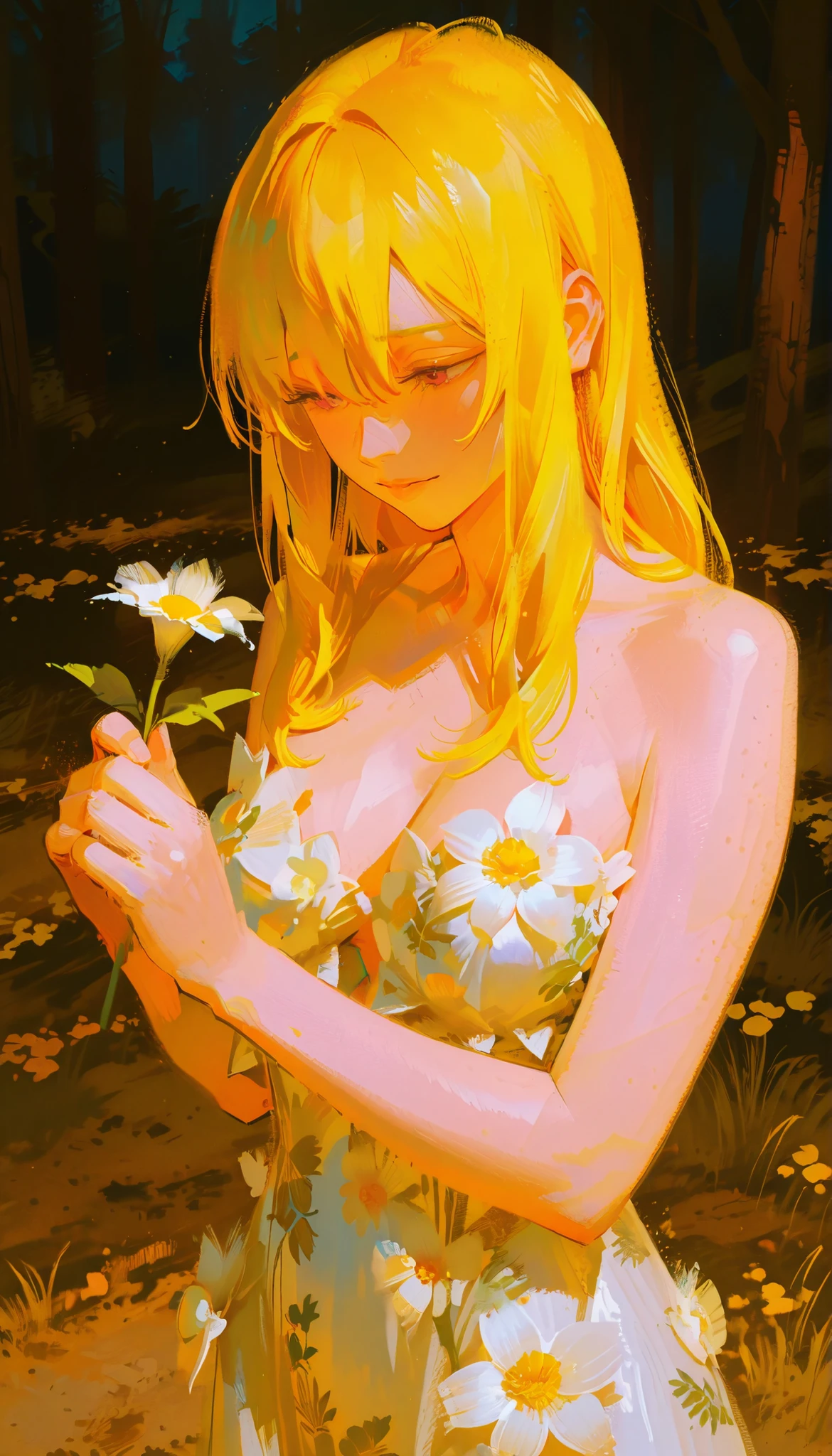 Anime girl with long blond hair holding flowers in her hands, dressed in a flower dress, By Yanagawa Nobumasa, beautiful animated artwork, flower dress, beautiful animated art, By Eizan Kikukawa , Research of , beautiful animated art style, beautiful art illustration, season!! : 🌸 ☀ 🍂 ❄, Hiro Yamagata