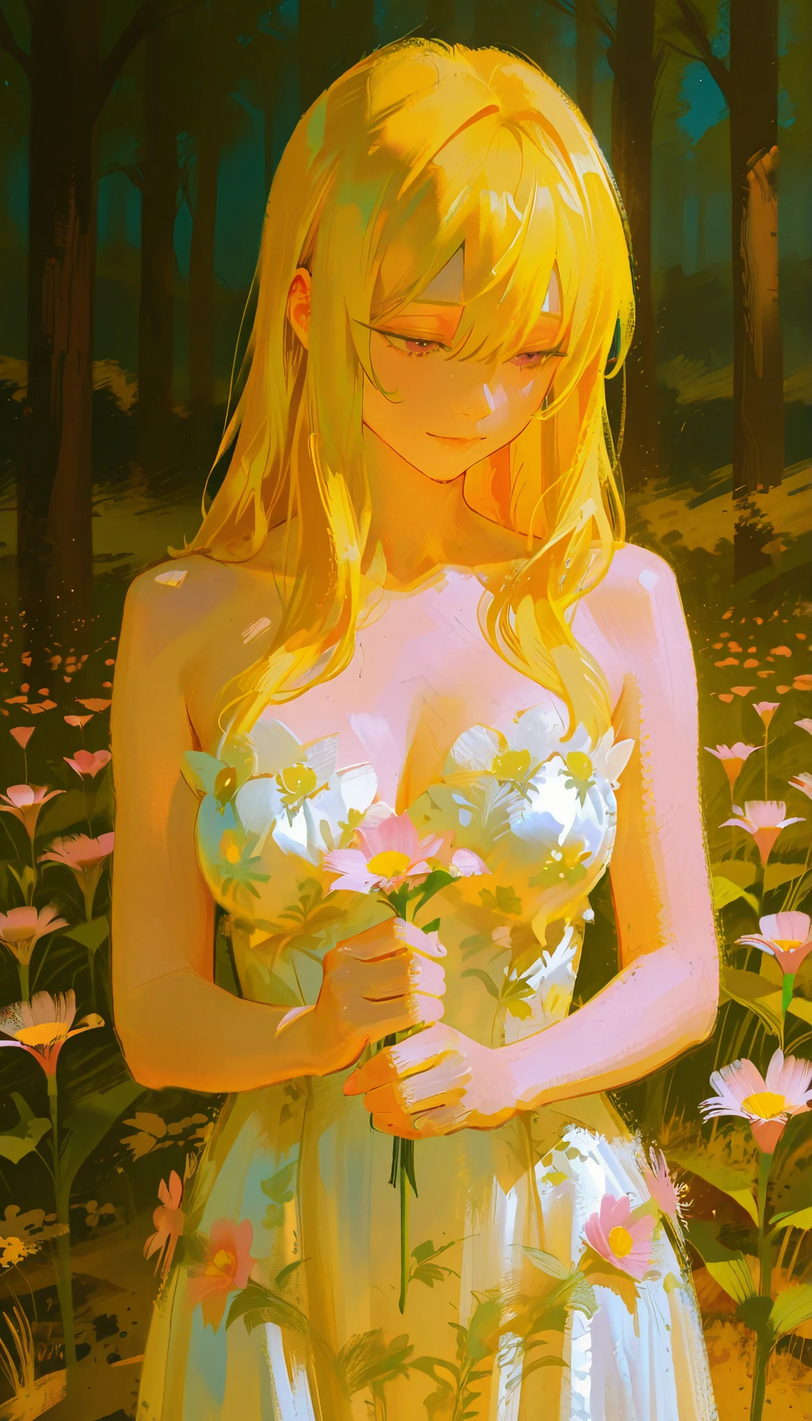 Anime girl with long blond hair holding flowers in her hands, dressed in a flower dress, By Yanagawa Nobumasa, beautiful animated artwork, flower dress, beautiful animated art, By Eizan Kikukawa , Research of , beautiful animated art style, beautiful art illustration, season!! : 🌸 ☀ 🍂 ❄, Hiro Yamagata