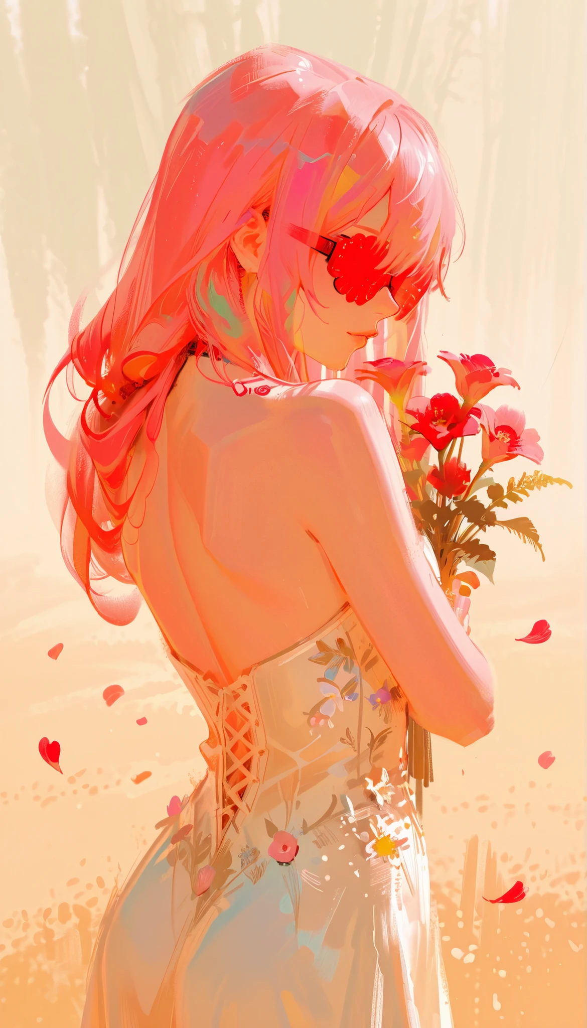 A young girl with long, flowing peach-colored hair stands gracefully, holding a delicate bouquet of small red flowers in her hands. Her hair cascades softly down her back, gaining vibrancy in the sunlight that appears to illuminate her figure from the left side. Her dress is an artistic collage of autumnal flora, adorned with large and small flowers in shades of orange, red, brown, and green. These floral motifs stand out boldly against the soft beige background, which is sprinkled with faint outlines of flowers and petals, suggesting a gentle breeze. Paper-like petals float around her, further accentuating the whimsical and serene atmosphere. Her posture is gentle, with an evident elegance captured in the way she clutches the bouquet. The soft, pastel palette used in the image contributes to a dreamy, nostalgic mood, invoking a sense of calm and contemplative beauty.