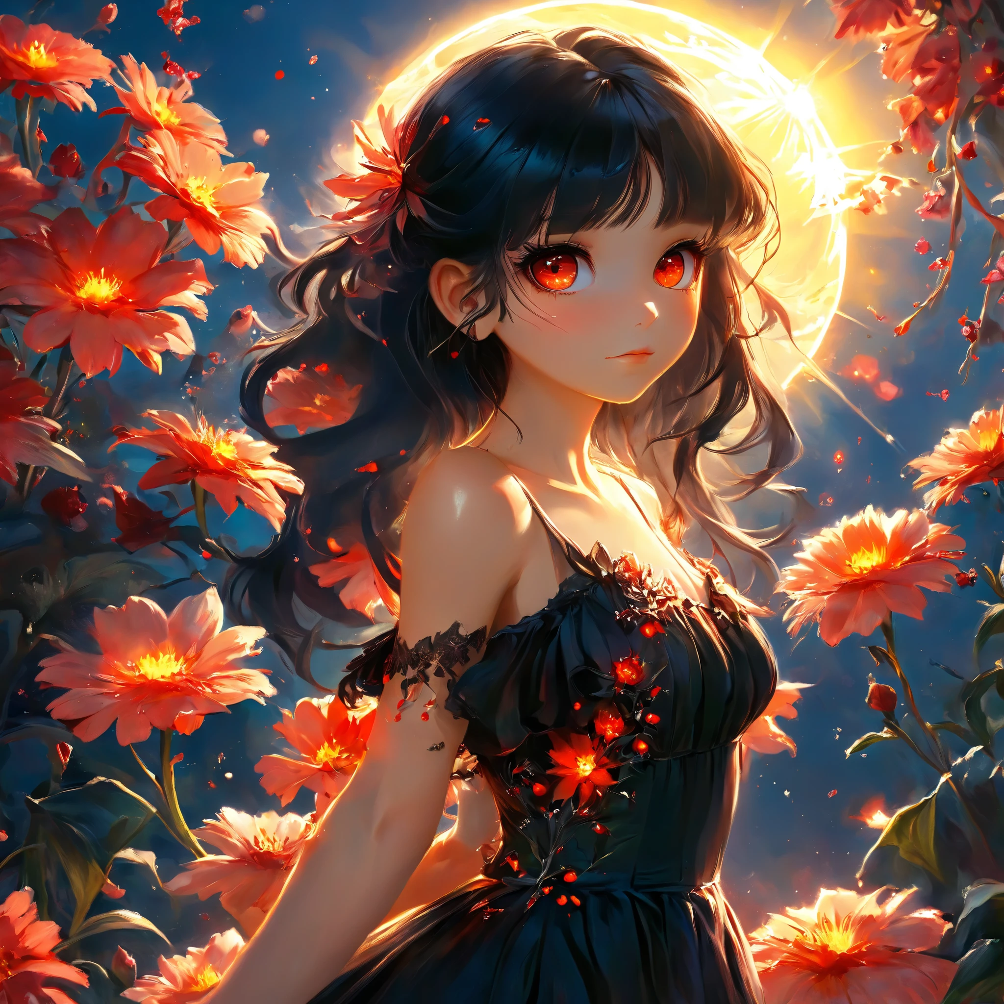 realistic, 1girl, black hair, red eyes, glowing eyes, black dress, blush, night, flowers, sun, sunlight,
