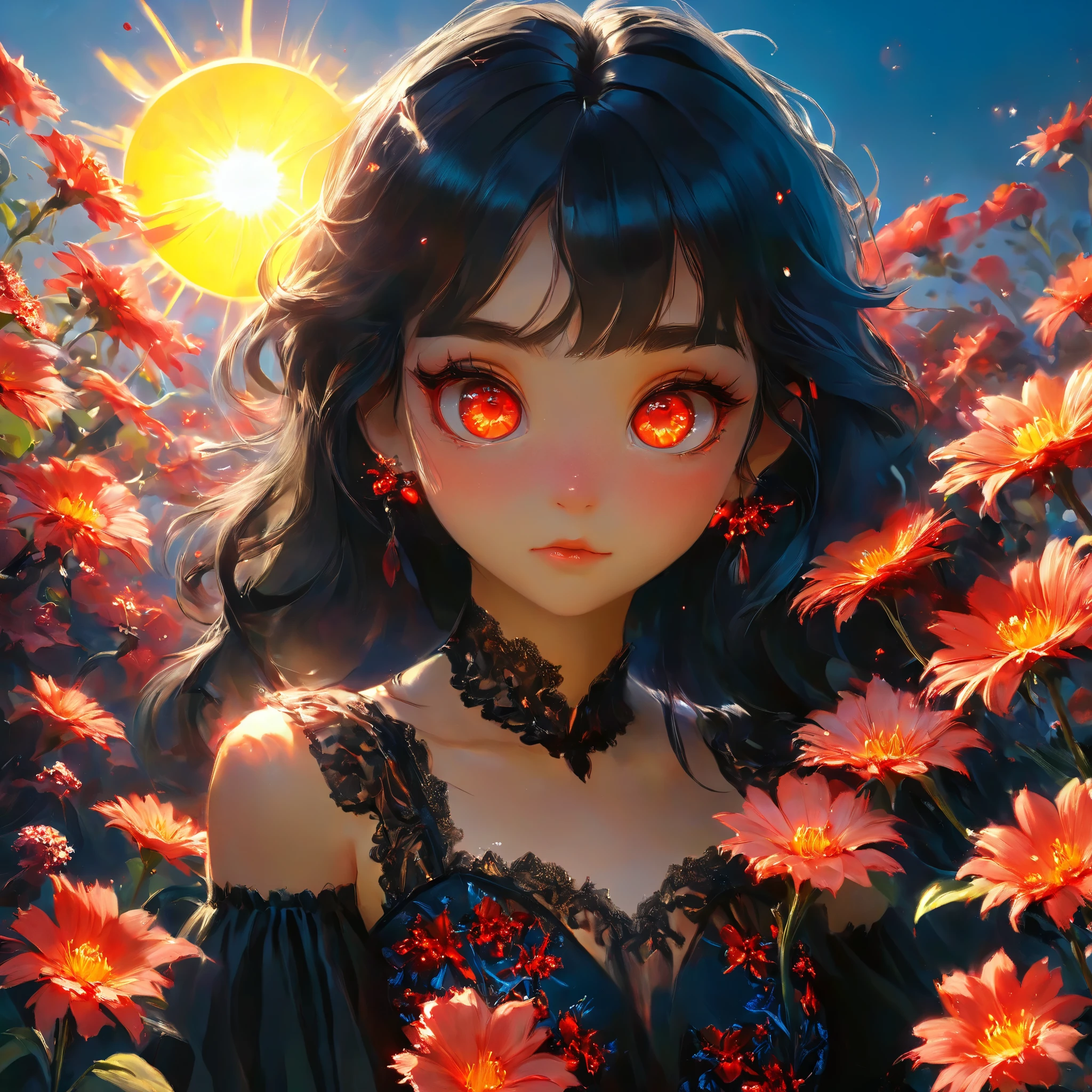 realistic, 1girl, black hair, red eyes, glowing eyes, black dress, blush, night, flowers, sun, sunlight,