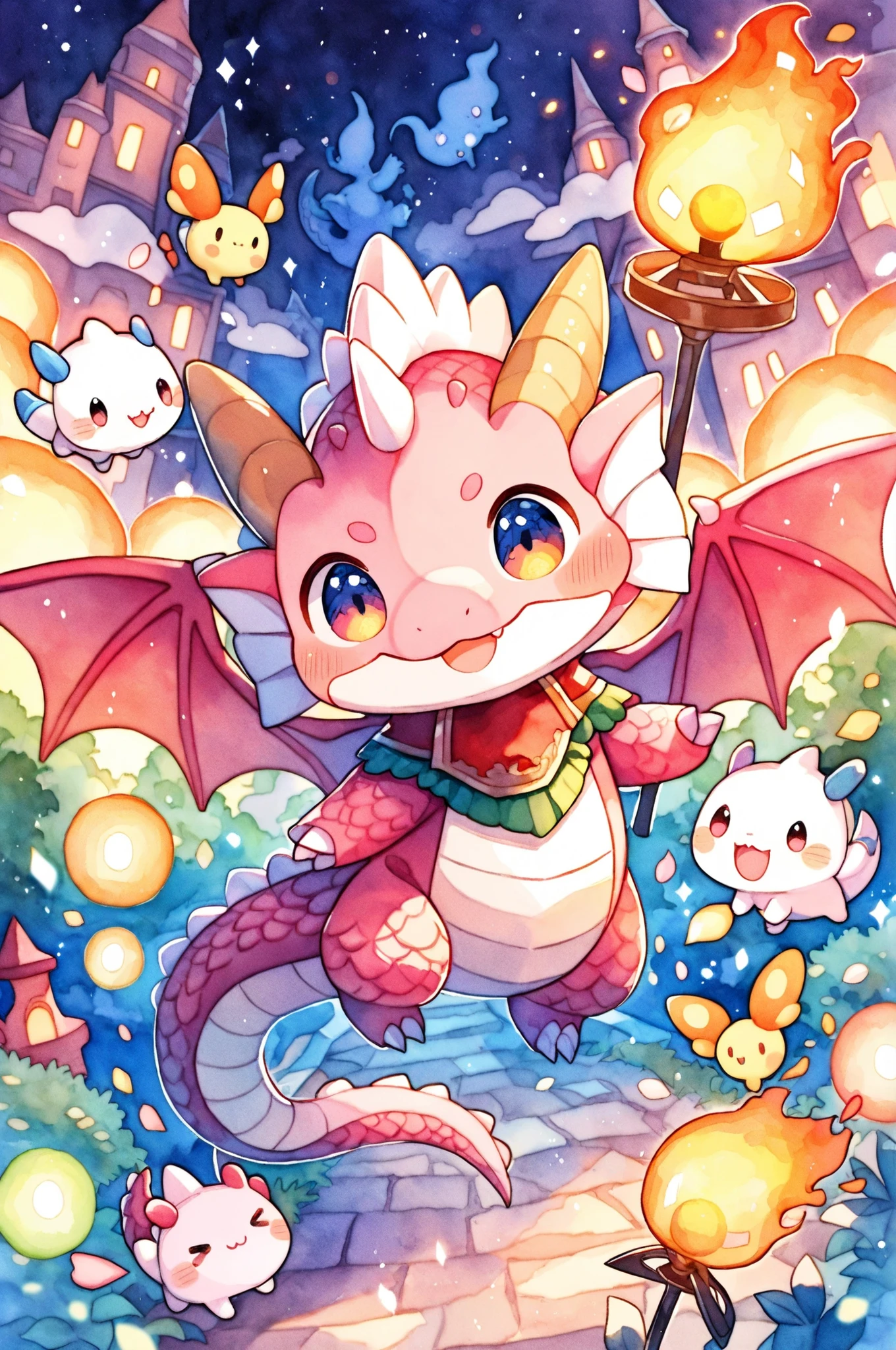 Kawaii adorable dragon, chibi animal character, fire bokeh, best quality, fantasy land, magical atmosphere, watercolor art