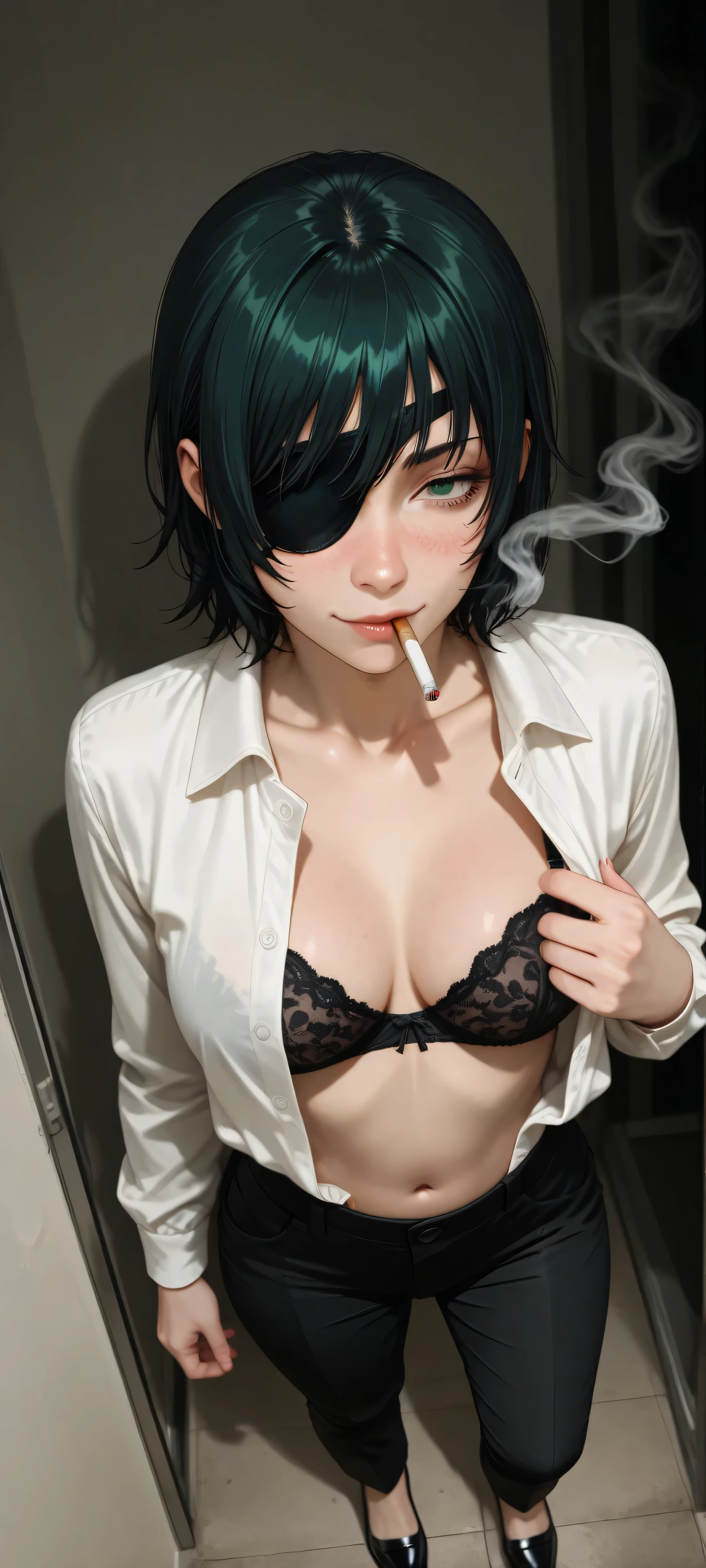 overhead shot: himeno (chainsaw man), focus on face, focus zoom, eyes half closed, naughty face, , wearing a white shirt with a long-sleeved collar, open chest, black bra visible, navel visible, wearing long black trousers, wearing black leather shoes , her face is red, her face is shy, she is smoking, she is enjoying a cigarette, she is smoking, she is positioned in the center of the picture, she is standing in the center, focus on the face, she looks very sexy, the background is dark and black.