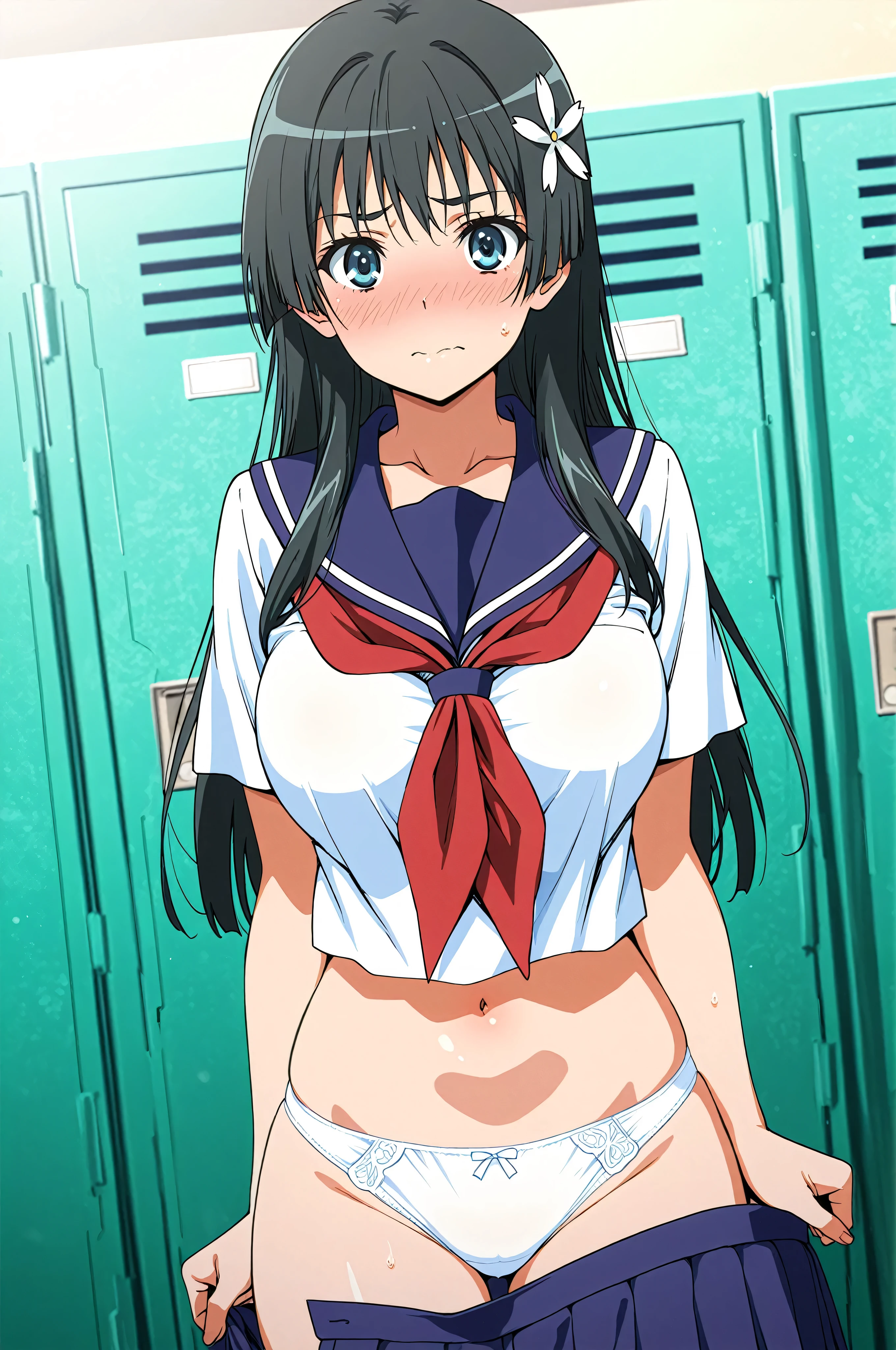 score_9,score_8_up ,score_7_up ,score_6_up ,score_5_up ,score_4_up ,(source_anime), clip skip:2,(masterpiece:1.3), NSFW,(cowboy shot),,(straight-on:1.4),saten ruiko, black hair, blue eyes, long hair, hair ornament, flower ornament,, blue skirt, pleated skirt, sakugawa school uniform, (school uniform), serafuku, skirt, summer uniform,,(locker room :1.2),standing,, everyday life, , looking at viewer, , elbow bent, solo,, dutch angle,embarrassed,blush,large breasts,from below,,(undressing skirt:1.4),white panties,