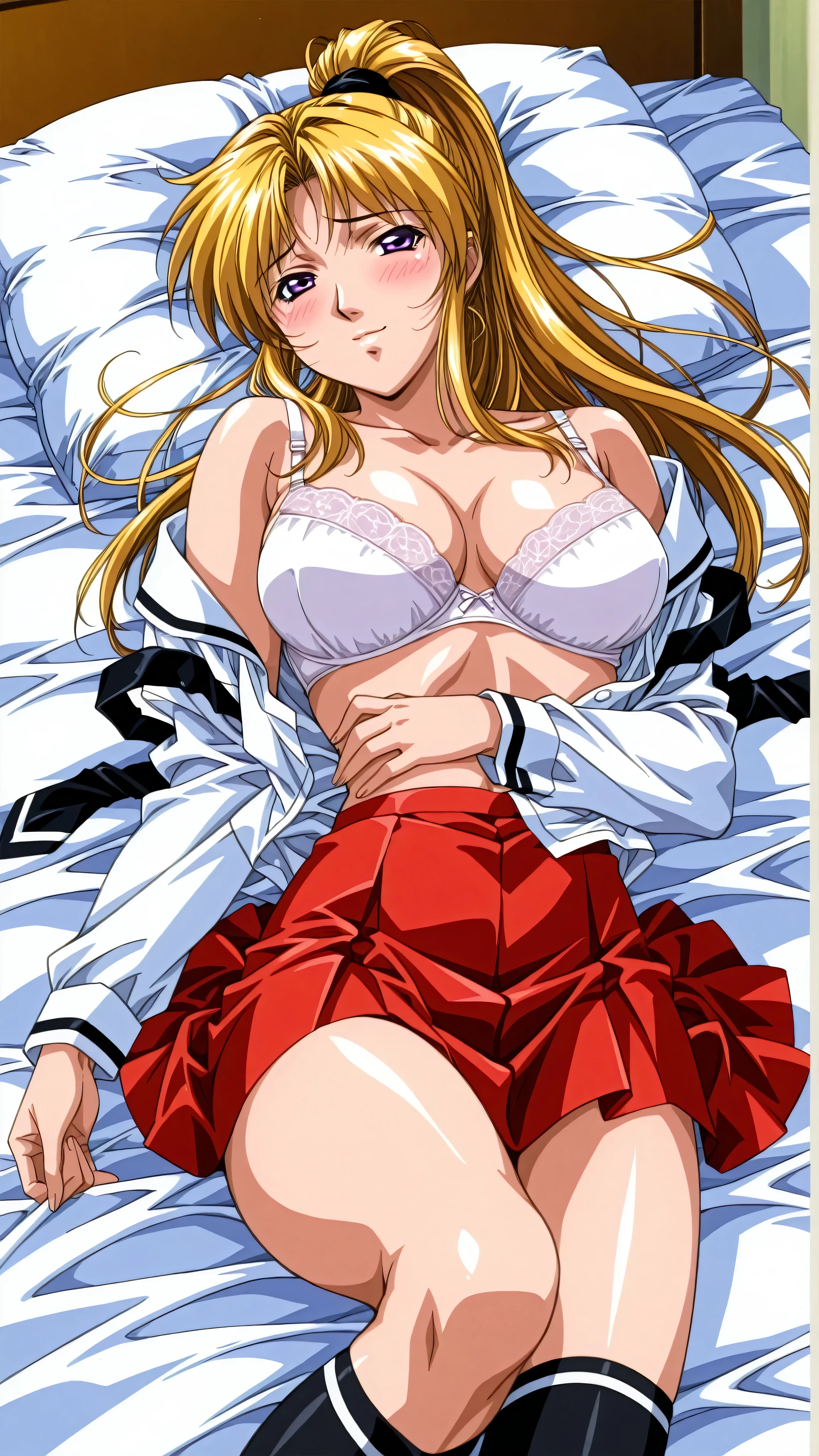 retro_artstyle,score_9, score_8_up, score_7_up, score_6_up, score_5_up, score_4_up, (masterpiece:1.3), best quality,source_anime,clip skip:2,light smile,(28 years old:1.4),(mature female:1.3),成熟した大人の女性, (vivid color:1.3),slender face,high school students,alone,saeki,1girl,blonde hair,ponytail,purple eyes,(undressing shirt:1.4),open shirt, whit bra,school uniform, white shirt,,long_ sleeve, (red skirt ),(black thigh-length socks:1.2), cowboy shot,white line socks,bed,on back,tsurime,,large breasts,embarrassed,blush,