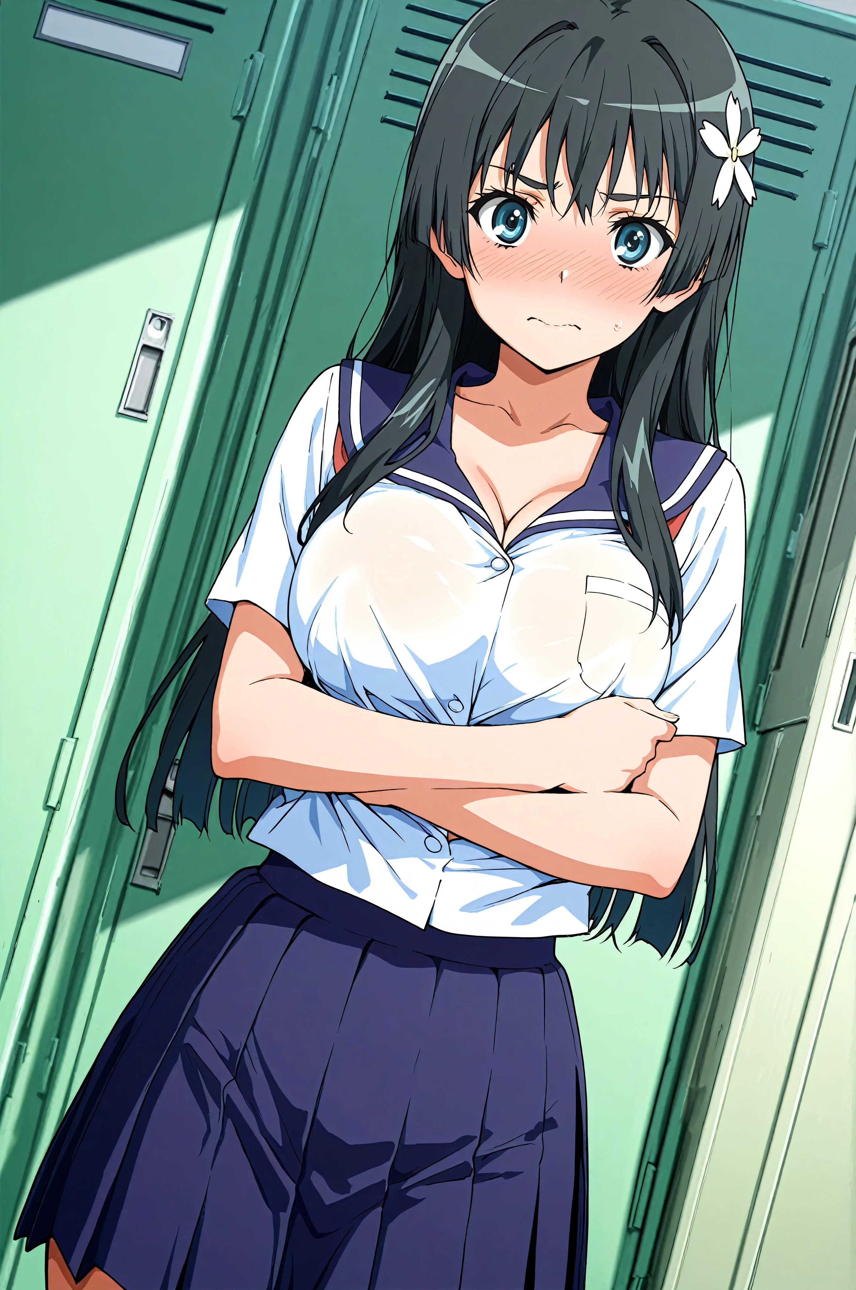 score_9,score_8_up ,score_7_up ,score_6_up ,score_5_up ,score_4_up ,(source_anime), clip skip:2,(masterpiece:1.3), NSFW,(cowboy shot),,(straight-on:1.4),saten ruiko, black hair, blue eyes, long hair, hair ornament, flower ornament,, blue skirt, pleated skirt, sakugawa school uniform, (school uniform), serafuku, skirt, summer uniform,,(locker room :1.2),standing,, everyday life, , looking at viewer, , elbow bent, solo,, dutch angle,embarrassed,blush,large breasts,from below,,(undressing shirt:1.4),