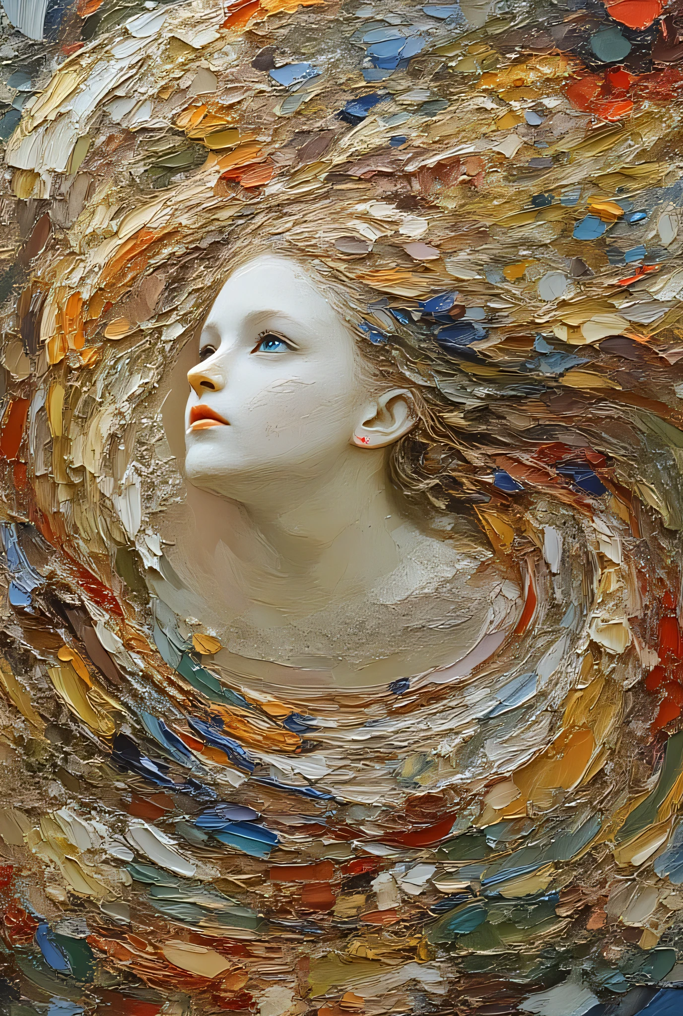 extreme esthetic, mythical style, Fusion of Art Nouveau and Impressionism, impasto style , oil, illustration, wonderful, Human anatomically correct, friendly and clear,
Profile icon of a little girl with blue eyes. White skin and blue eyes. The flowing brand's hair is depicted three-dimensionally with decorative details, Make it look beautiful.
powerful and emotional impasto techniques, free and liberating brush strokes, The emphasis is on subtle gradations that give the impression of three-dimensionality, It's lively Brilliant swirling colors, , Artistic Effects, hazelnut, (palette knife, paint knife), pig hair , Innovative, Cutting edge, the subject is a bulldog, Emotional strength, Tension , Strong brushstrokes, Vivid and vivid swirling colors that overflow from the canvas, A masterpiece praising great cuteness. insanely beautiful.