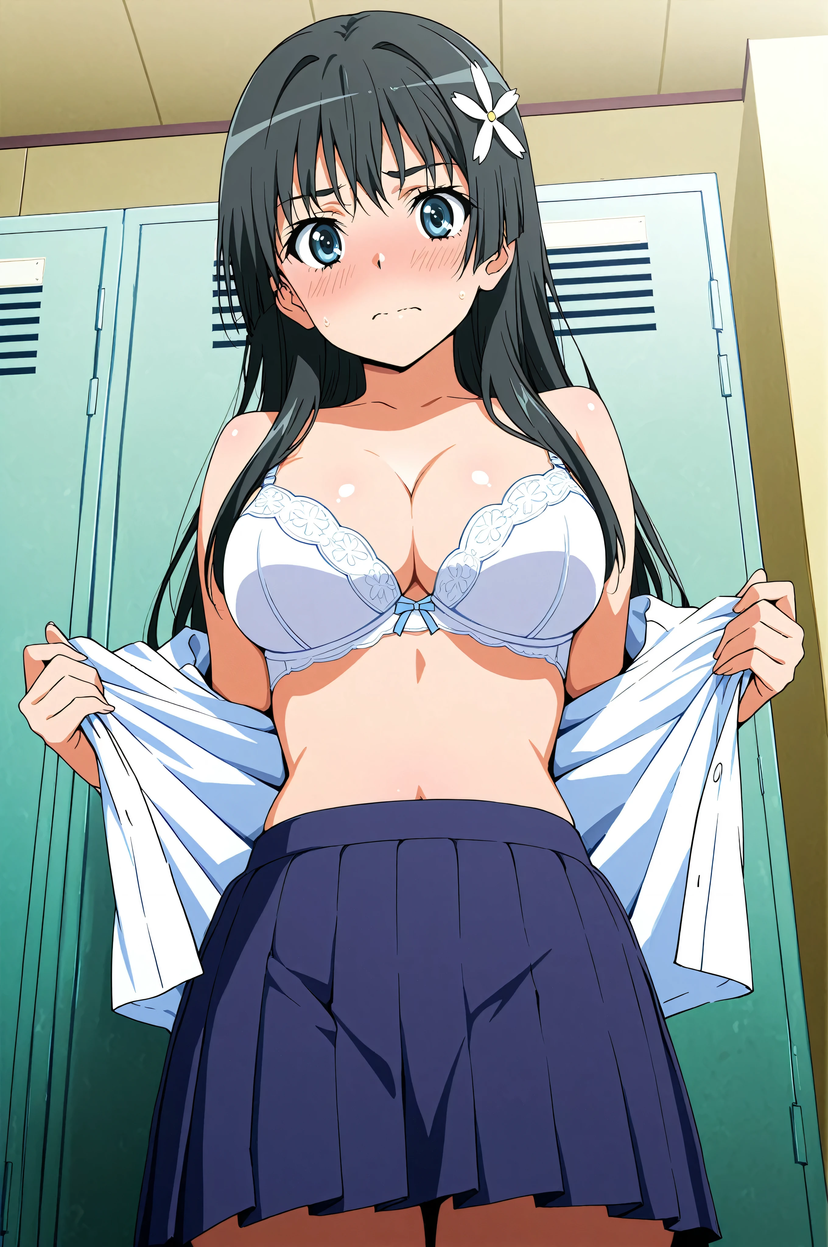 score_9,score_8_up ,score_7_up ,score_6_up ,score_5_up ,score_4_up ,(source_anime), clip skip:2,(masterpiece:1.3), NSFW,(cowboy shot),,(straight-on:1.2),saten ruiko, black hair, blue eyes, long hair, hair ornament, flower ornament,, blue skirt, pleated skirt, sakugawa school uniform, (school uniform), serafuku, skirt, summer uniform,,(locker room :1.2),standing,, everyday life, , looking at viewer, , elbow bent, solo,, dutch angle,embarrassed,blush,large breasts,from below,white bra,(undressing shirt:1.4),,