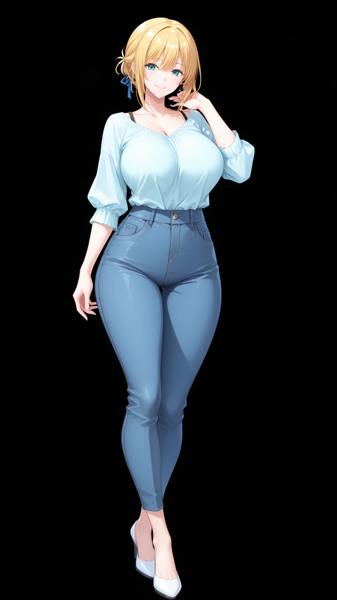 1 girl, , standing, full body, smiling, posing, casual clothes, black background