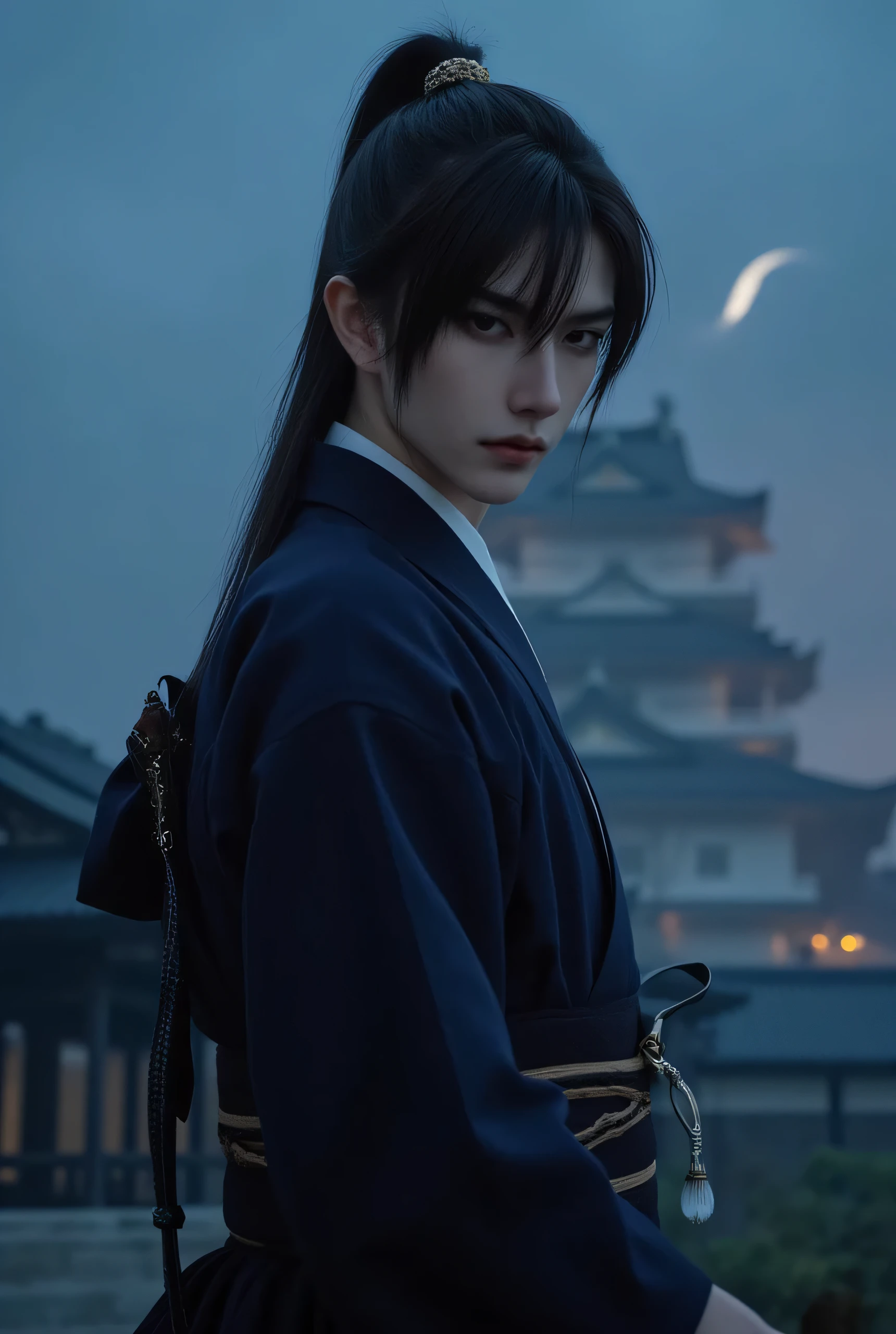 hanging eye、Glaring((Straight long dark hair ponytail))Very thin jaws are neat、thin lips、Clean, high nose、Beautiful White, Smooth Silk Skin、Thin and Tall Men、hanging eyeの大きな黒い瞳が印象的、Japanese kimono navy blue costume、Navy Blue Male Kimono、Japan's dark blue mantle in the Edo period、Japanese navy blue hakama、Ultra fine and precise real fantasy film、 Japanese castle at night、Fantastic night scene with a very thin crescent moon、beautiful men who are nervous are grumpy、beautiful Japanese sword hanging down his waist、不機嫌にGlaring