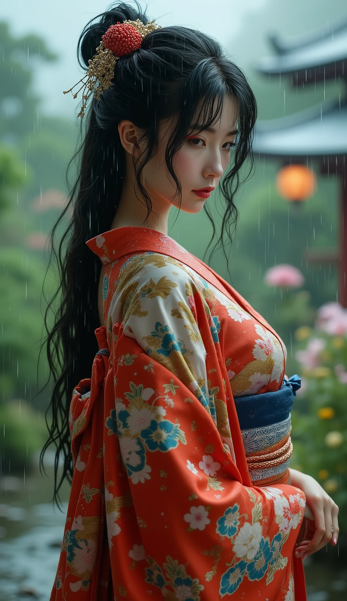 Highest Quality 、high quality 、 最High Precision、High Precision、8K quality、high image quality 、Highest Quality、 masterpiece 、immersive video、 very realistic image 、Realistic Painting、 perfect details 、 High contrast 、High Fidelity、 perfect photo without blur、close to reality、 full of details Reproduced image、 Detailed and REALISTIC WEAPON 、 exquisite and realistic human skin 、 realistic face in every detail、 Realistic eyes in detail 、 drawing realistic lips down to the smallest detail 、 detailed and real teeth、Real Ears、 Realistic Hair 、((Japanese Model))､((Beautiful mature woman))、((Madame))、((Adult face))、(( black hair))、((BIG BREASTS))、((slim and perfect mature body))、(((Wet skin all over  )))､((traditional Japanese garden))、((Rain clouds spreading across the sky))、((Heavy Rain Weather))､(( downpour))、((Stormy wind and rain))、(((A kimono with a clear floral pattern,sexy kimono)))、(((雨に濡れたA kimono with a clear floral patternが肌にぴったりとフィットする))、(((雨に濡れたA kimono with a clear floral patternを通して彼女のボディーラインがはっきりと見える)))、(( Raindrops on a wet kimono  ))､((( dynamic sexy pose )))､((((full body depiction)))、(   subject close-up  ))
