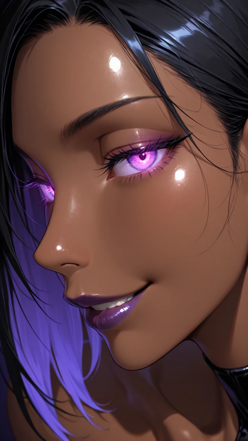 vector image, vibrant colours, smooth gradation, best quality, masterpiece, absurdres, ((isolated)), (((pitch black background))), (detailed face and eyes:1.2), smirking, detailed beautiful eyes, eyelashes, glossy full lips, sensual, volumetric lights, medium shot, ((half body shot)), bursting out , , full , curvaceous, (((11yo))), (((purple tinted lighting))), tanned skin, (((totally )))