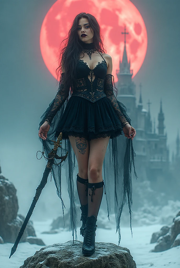 (64% of photo is black in drawing:1.4), (detailed fabrics:1.2), (early sunrise light:0.5), (Rembrandt lighting:1.3)the full figure of a dark fully draped female with a pale white oval mask on, glides through a gothic landscape, her black boots support her body, she runs towards a small cottage in the distance, the (cottage has a single yellow window lit in the darkness), mix 4, realistic, photo_\(medium\), solo, (masterpiece), (photorealistic: 1.3), ultra detailed, (high detail) skin: 1.2), (best quality: 1.0), (ultra high resolution: 1.0), (Orchan-6500: 0.3), wavy detailed hair, long dark hair, (blood moon light) blue haze, mist on moors, (beautiful detailed drapery and mask), (grey and moody: 1.3), mysterious haunting scene, movement captured of flowing drapery, (an extremely delicate and beautiful)), solo female、masterpiece、ultra detailed, accent lighting, high resolution、Farbe々Color、(grey clouds, dead trees, gothic castle ruins, spooky and eerie)), (strong presence )、a beautiful darkness (Highly detailed skin:1.2)、looking at the camera、(blushing_ embarrassed, drooling, aroused)、beauty, Digital SLR, Soft lighting, High quality, FujifilmXT3、Film Lighting、Dramatic、Taken behind branches, dark foreground that focuses camera to dark draped figure of woman, William-Adolphe Bouguereau painterly landscape, trance, attractive、A lovely smilel、having good time, date、quickie, entranced, flirting fun with me., cozy playful, (intimate relaxed style photoshoot)