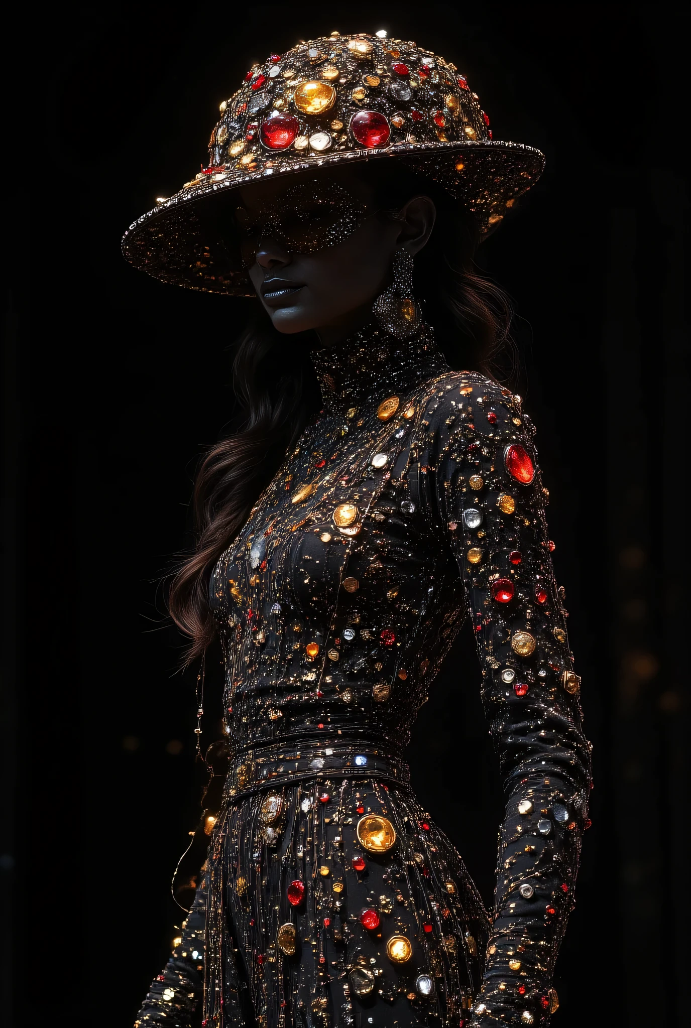  elegant,attractive design with red sapphire and yellow corundum to shape the black silhouette of a high end fashion woman, Mascot hat and sexy tight dress decorated with sparkling crystals.New Vogue style. , Deep black background highlights the brilliance of diamonds,,Use white to accentuate the contrast with black. To enhance appeal、apply glitter effects to some elements. esthetic, Fashion Show Poses . Daniel Egnus、Hitomi Tanaka