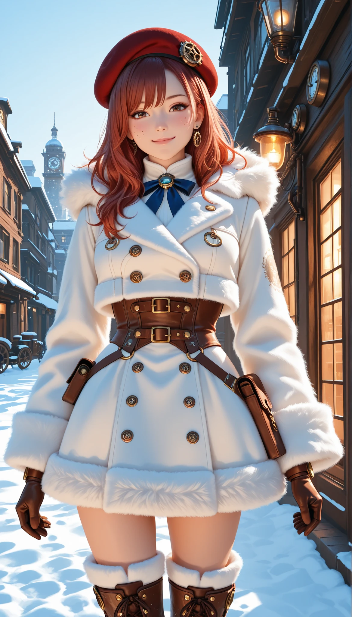 Highest Quality, photorealistic rendering, Super Detailed: character (2.0):
- say in steampunk anime style
-: head to mid-thigh
- young, energetic ninja
- short red-brown hair - expressive perspective
- A mischievous half smile
- white fluffy beret with mechanical cocardé
- Dress for confident poses (1.8):
backdrop - white short fluffy fur coat with fur trim
- steampunk details on clothes
- Copper and bronze buckles
- crisscrossed leather straps
- cogwheel as decoration
- high winter boots with lots of buckles
- warm gloves with atmospheric mechanical elements:
- On a clear winter day
- Sparkling snow all around
- frosty air
- Crystal-clear skies
- light haze from frost
- Sun glare on metal parts
- winter cityscape with details in the background:
- vapors from breathing
- frosty redness on the cheeks
- frost on fur trim
- Metal parts shine in the sun
- snowflakes in the air
- Beret Shadow on Face 
{solo}, {1 girl}, {distinct character}, {Steampunk Elements}