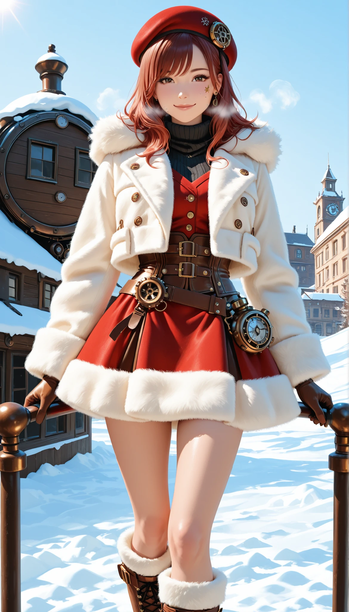 Highest Quality, photorealistic rendering, Super Detailed: character (2.0):
- say in steampunk anime style
-: head to mid-thigh
- young, energetic ninja
- short red-brown hair - expressive perspective
- A mischievous half smile
- white fluffy beret with mechanical cocardé
- Dress for confident poses (1.8):
backdrop - white short fluffy fur coat with fur trim
- steampunk details on clothes
- Copper and bronze buckles
- crisscrossed leather straps
- cogwheel as decoration
- high winter boots with lots of buckles
- warm gloves with atmospheric mechanical elements:
- On a clear winter day
- Sparkling snow all around
- frosty air
- Crystal-clear skies
- light haze from frost
- Sun glare on metal parts
- winter cityscape with details in the background:
- vapors from breathing
- frosty redness on the cheeks
- frost on fur trim
- Metal parts shine in the sun
- snowflakes in the air
- Beret Shadow on Face
{solo}, {1 girl}, {distinct character}, {Steampunk Elements}