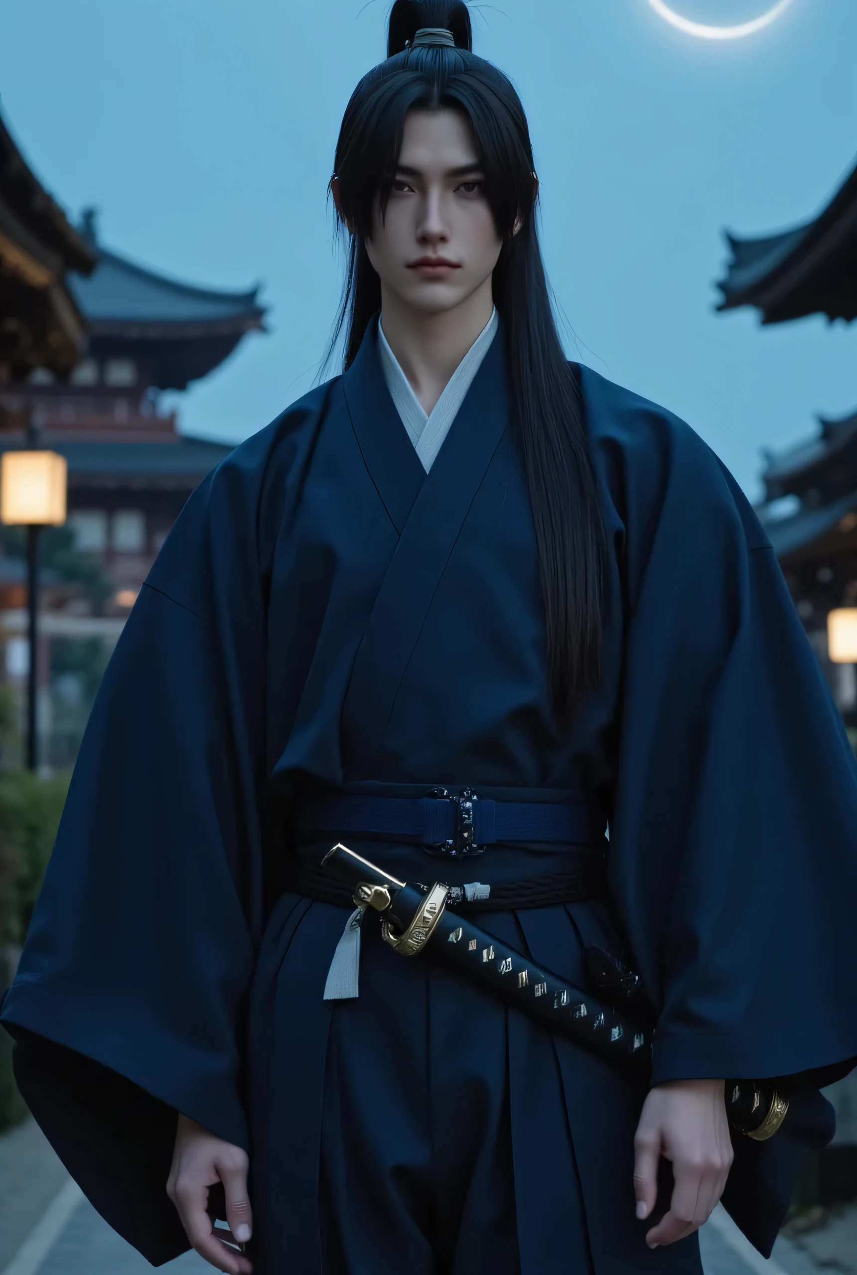 hanging eye、Glaring、A clean and very thin chin((Straight long dark hair ponytail))thin lips、Clean, high nose、Beautiful White, Smooth Silk Skin、Thin and Tall Men、hanging eyeの大きな黒い瞳が印象的、Japanese kimono navy blue costume、Navy Blue Male Kimono、Japan's dark blue mantle in the Edo period、Japanese navy blue hakama、Ultra Fine and Precise Real Fantasy Film、 Japanese castle at night、Fantastic night scene with a very thin crescent moon、angle from bottom、Nervous Beautiful Men Are Moody、beautiful Japanese sword hanging down his waist((不機嫌にGlaring))