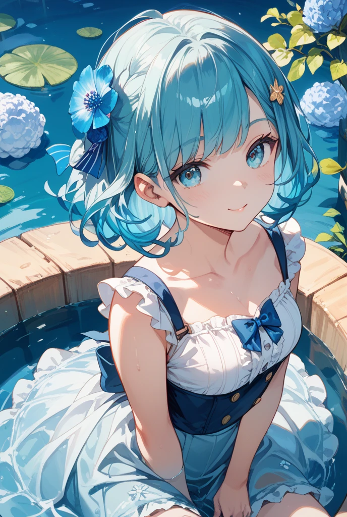 One girl、natta、swimming pools、Night Pool、summer  dress、splash water、cute little、Blue-haired、light blue  eyes、​masterpiece、top-quality、Top image quality