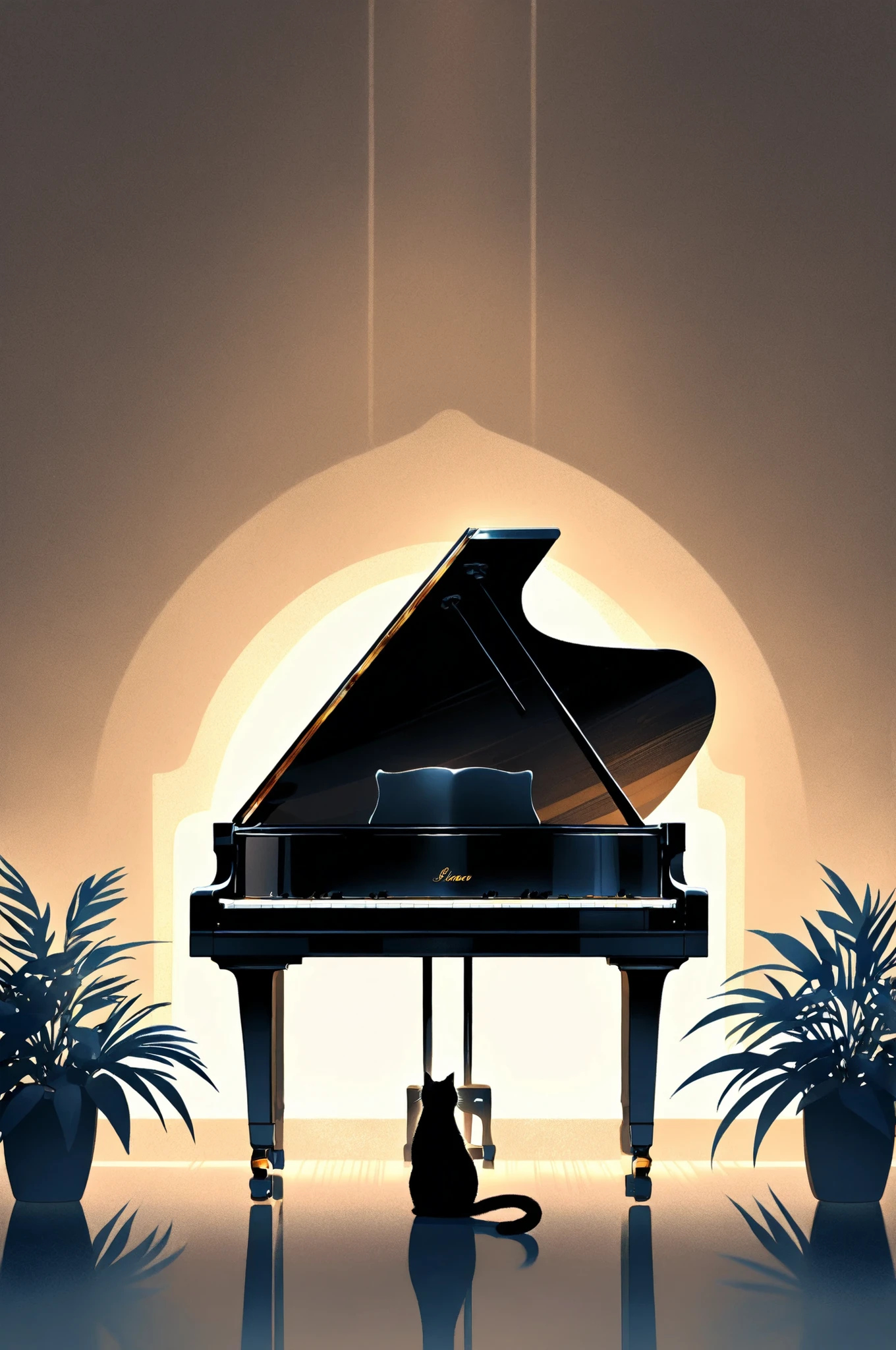 A highly realistic image capturing a warm and soothing ambiance centered around soft piano music. The room is dimly lit and elegantly designed, with a stunning grand piano as the focal point. A cat is peacefully resting, immersed in the gentle melody. The décor is carefully arranged to enhance relaxation, featuring plush cushions and a few natural elements like plants or wooden accents. The color palette consists of deep, rich blues and soft grays, complemented by warm golden and light beige highlights, creating an intimate, tranquil, and sophisticated atmosphere—perfect for evoking a sense of peace and serenity.