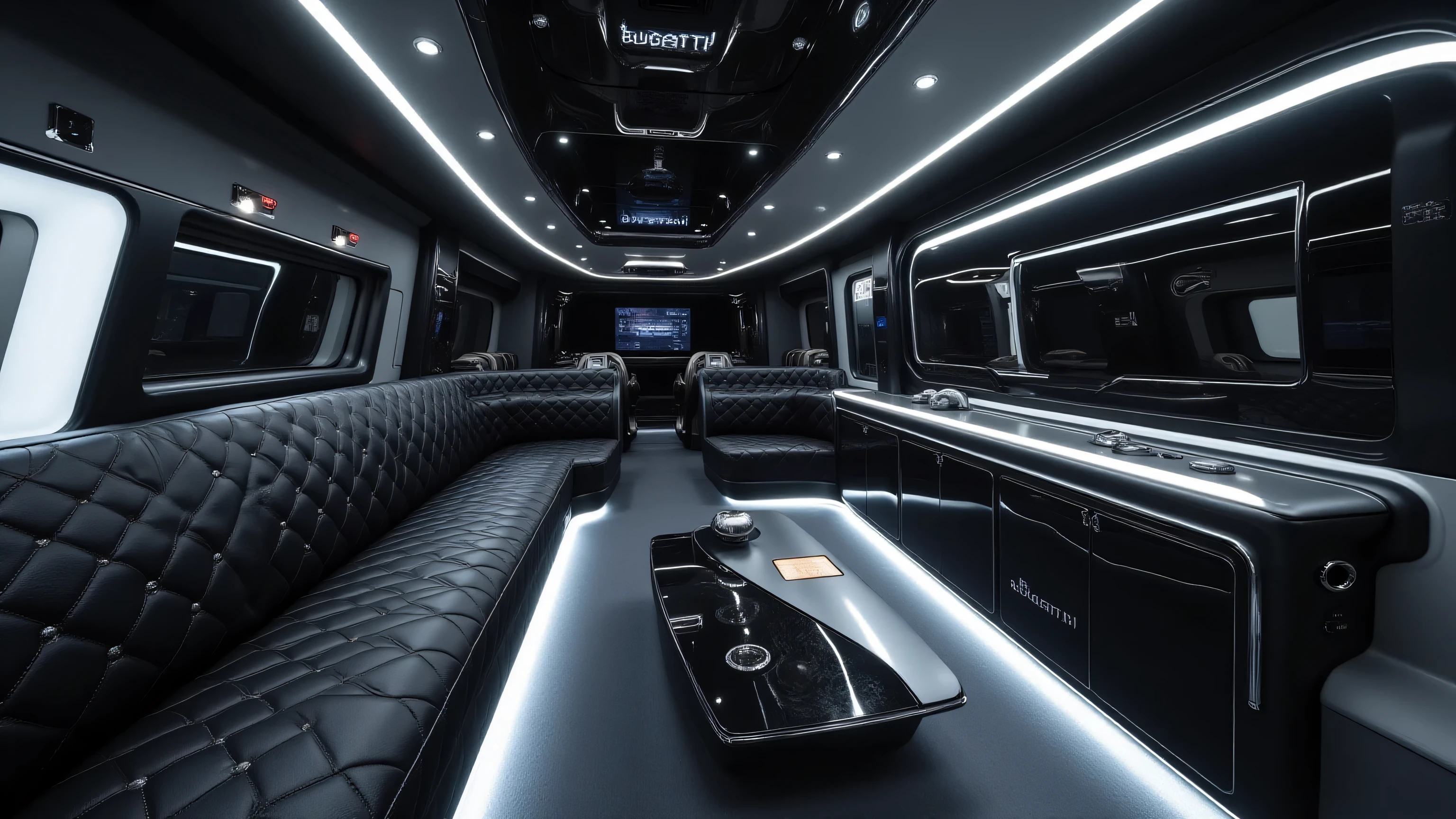 DE_style,A compact futuristic lounge inside the Bugatti motorhome, designed in a sleek silver-black theme to perfectly match the exterior. The seating is made of premium black leather with signature Bugatti diamond stitching and chrome trim details, giving a sporty yet luxurious feel. The walls and ceiling have smooth metallic panels with integrated soft ambient LED strip lighting. Sleek metallic coffee table in the center with built-in wireless charging pads, alongside a holographic control panel projected above the armrest for adjusting lighting and climate. A small retractable smart-screen is embedded seamlessly into the side wall for entertainment, while minimalist storage compartments are hidden in the design to keep the interior clean and modern. Large tinted showroom windows surround the lounge, giving an elegant yet compact look. The bold “BUGATTI” logo is subtly engraved on one interior wall, reinforcing the premium brand identity.