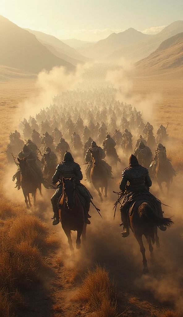 Massive cavalry charge across the steppe, dust clouds, powerful war ...