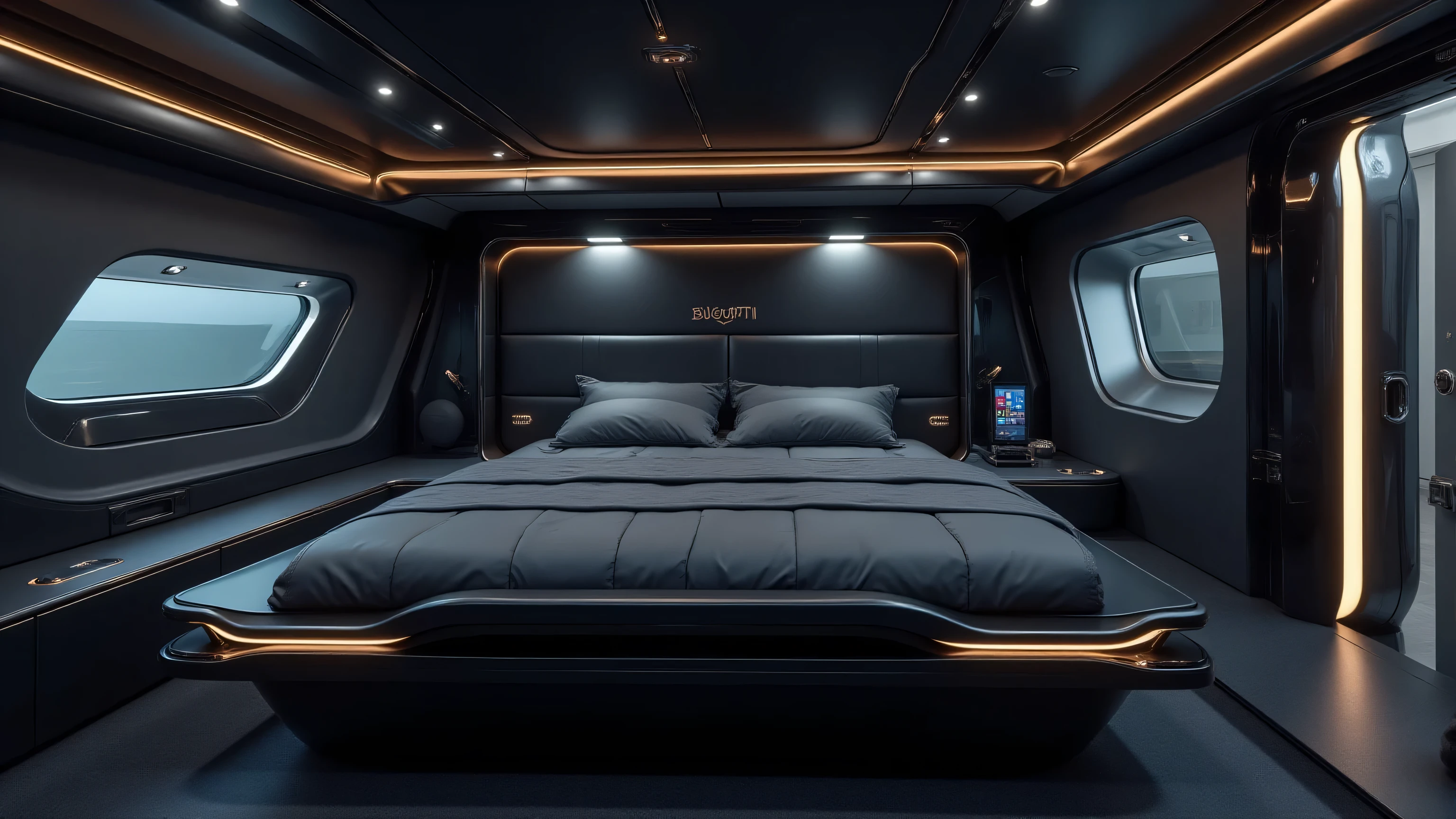 DE_style, A compact futuristic bedroom inside the Bugatti motorhome, designed with a low-profile premium leather bed in sleek black, featuring chrome trim edges and Bugatti-style stitching that echoes the car’s signature elegance. The walls and ceiling are finished in smooth metallic silver panels with integrated ambient LED lighting strips that softly glow in customizable colors, creating a modern, high-tech atmosphere. A minimal futuristic nightstand with a built-in holographic clock and wireless charging surface sits beside the bed. Above, a slim retractable smart screen folds seamlessly into the ceiling, offering entertainment without clutter. Small tinted showroom-facing windows allow just the right amount of filtered light, preserving privacy while showcasing the futuristic setting. Hidden storage compartments are built flush into the wall panels for a clean design. The “BUGATTI” logo is subtly embossed on the headboard wall, reinforcing the premium and futuristic identity of the motorhome bedroom.