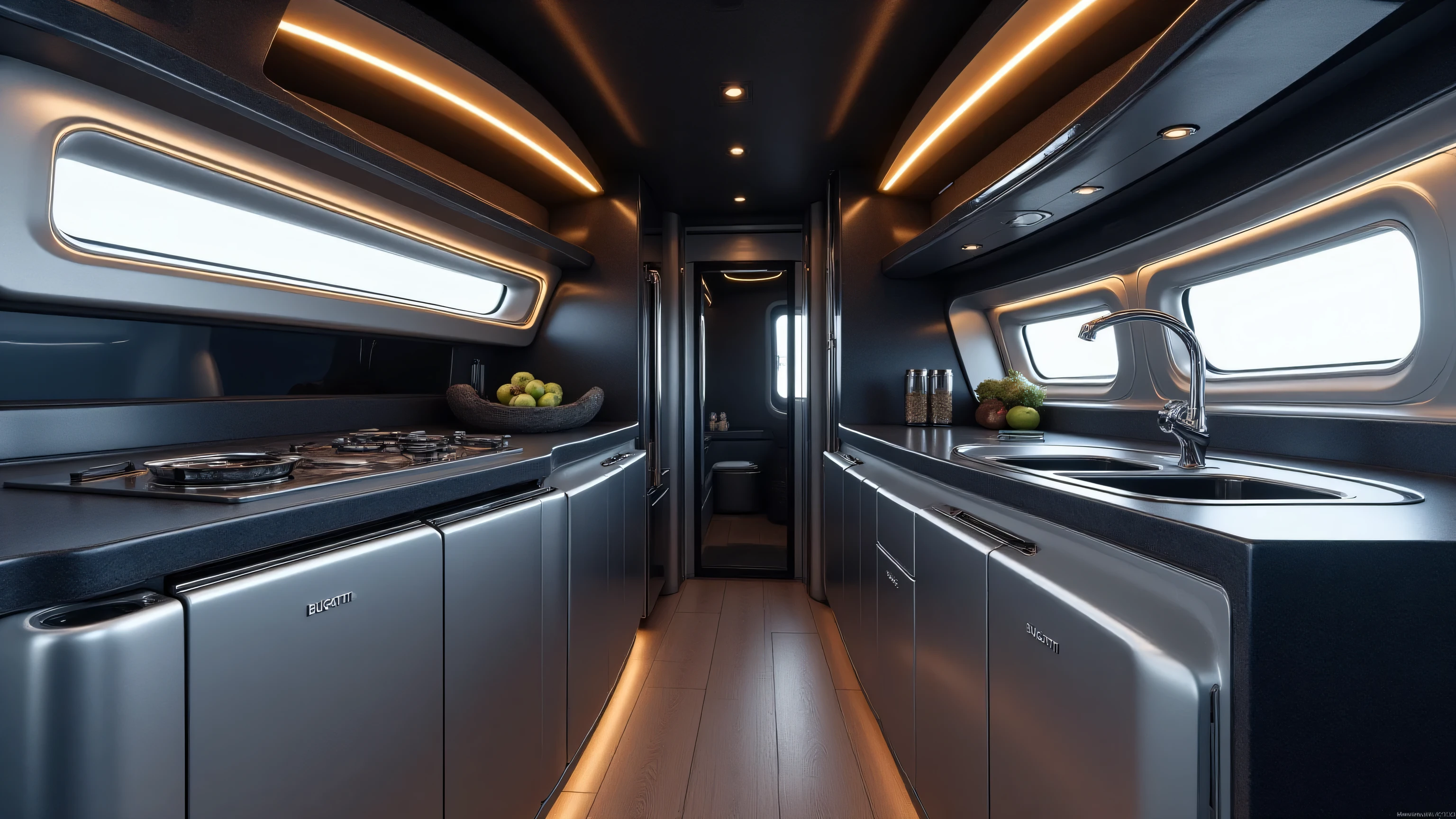 DE_style, A compact futuristic kitchen inside the Bugatti motorhome, crafted in a sleek silver-black theme that mirrors the exterior’s aerodynamic elegance. Glossy silver cabinets with handle-less, touch-sensitive openings line the walls, their surfaces perfectly smooth to maintain a minimalist futuristic look. The countertops are finished in deep matte black stone with chrome edge trims, reflecting Bugatti’s signature sporty-luxury style. Built-in chrome appliances, including a compact induction cooktop, seamless oven, and refrigerator, are flush with the cabinetry to keep the design ultra-clean. A slim stainless-steel sink with a sensor-activated faucet blends into the countertop, emphasizing modern functionality. Ambient LED strip lighting runs along the ceiling edges and under the cabinets, giving the space a soft futuristic glow. Small tinted showroom-facing windows add depth and a premium atmosphere without breaking the compact design. Subtle “BUGATTI” branding is embossed into one metallic cabinet panel, tying the space directly to the brand’s luxury identity.