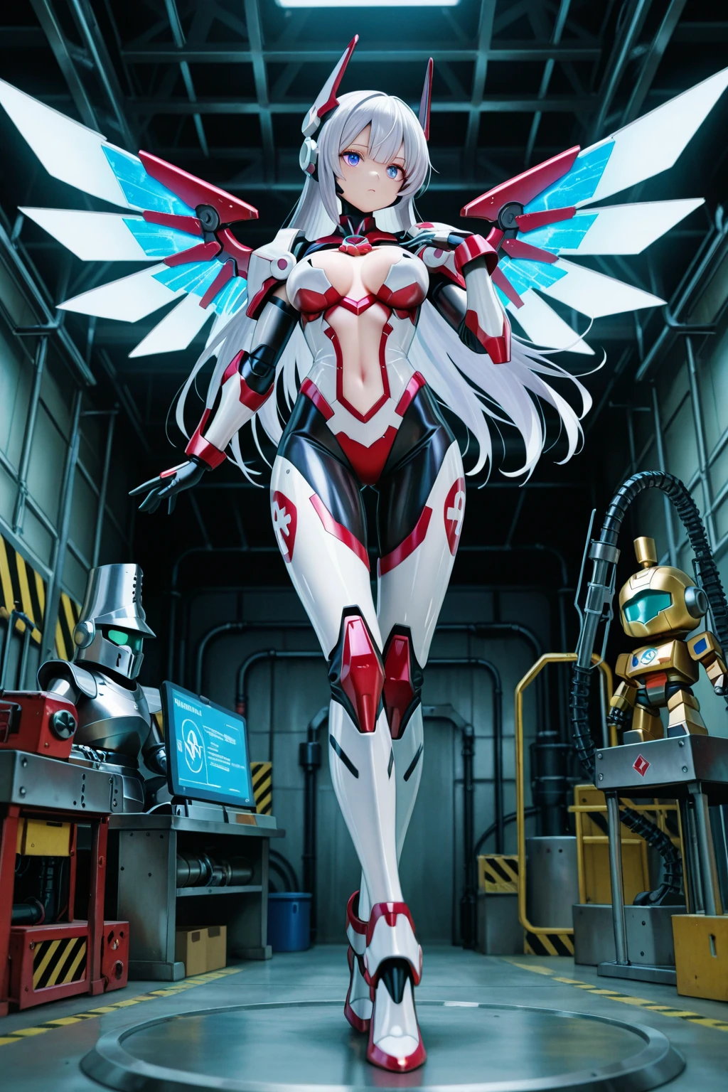 1 woman in silver with red Giant Ultraman costume, with giant 1, a blue pearl on her , helmet on her head looking at the spectator, in fighting position, smiling, she has long purple hair with movement in the wind, green eyes, small ships circling around her, in a futuristic city, Unreal Engine 5, Tokusatsu, Anime, masterpiece, 16k, maximum quality, maximum resolution, maximum detail, correct 