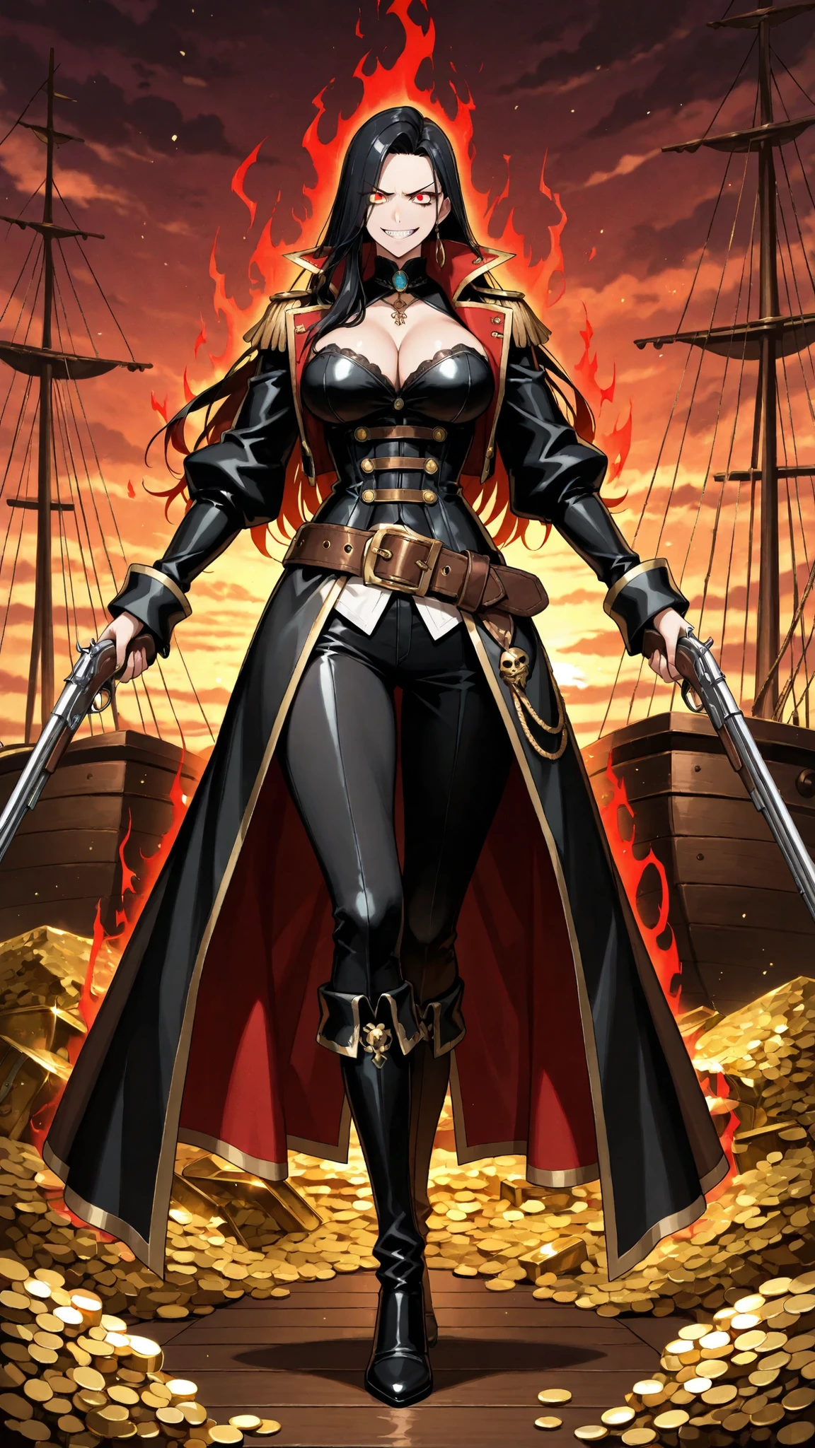 high resolution, Artwork, detailed description, The legendary female pirate, Long Black Hair Golden Strikes, has sharp eyes, challenging smile, rich proportions, Exposing Pirate Outfit, red and black color scheme, Gold Decor, Musket Holding Posture, Leather Belt, Jewelry decoration, Noble and Wild Coexistence, Ship deck, treasure,  Twilight Sea,  Adventure Atmosphere , Expression Combining Strength and Elegance, confident posture,  Aura of dominion