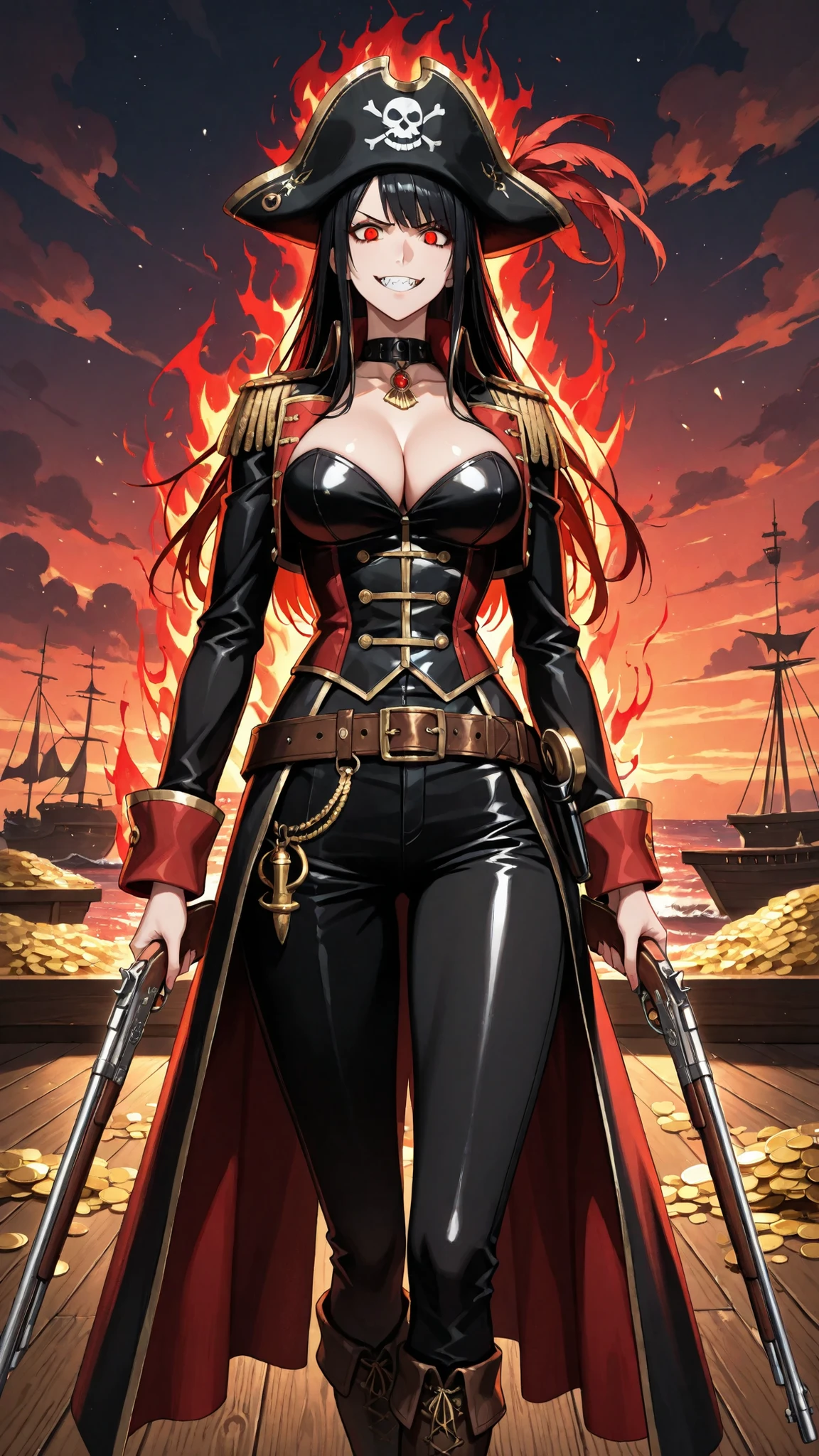 high resolution, Artwork, detailed description, The legendary female pirate, Long Black Hair Golden Strikes, has sharp eyes, challenging smile, rich proportions, Exposing Pirate Outfit, red and black color scheme, Gold Decor, Musket Holding Posture, Leather Belt, Jewelry decoration, Noble and Wild Coexistence, Ship deck, treasure,  Twilight Sea,  Adventure Atmosphere , Expression Combining Strength and Elegance, confident posture,  Aura of dominion