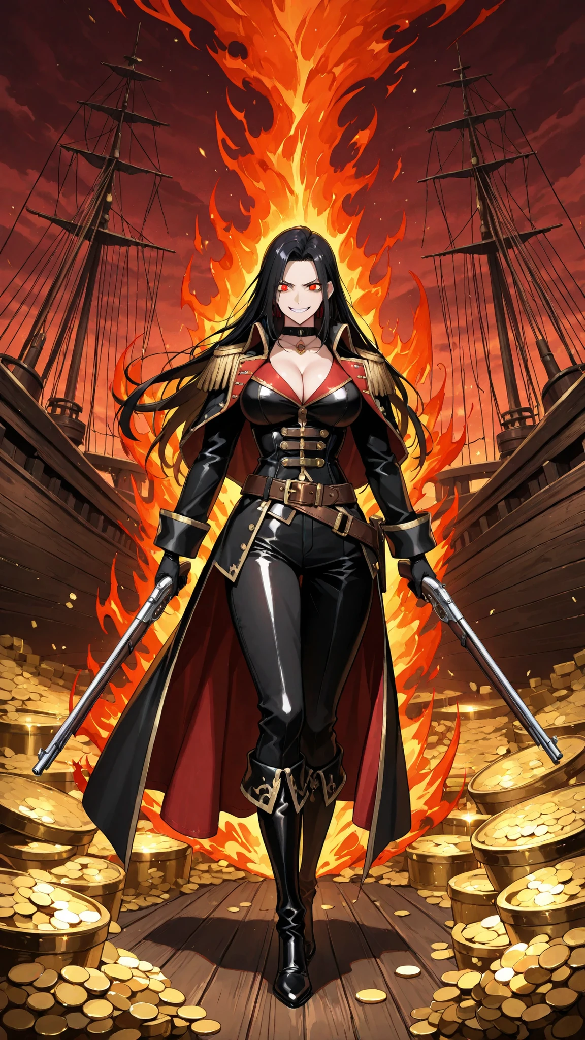 high resolution, Artwork, detailed description, The legendary female pirate, Long Black Hair Golden Strikes, has sharp eyes, challenging smile, rich proportions, Exposing Pirate Outfit, red and black color scheme, Gold Decor, Musket Holding Posture, Leather Belt, Jewelry decoration, Noble and Wild Coexistence, Ship deck, treasure,  Twilight Sea,  Adventure Atmosphere , Expression Combining Strength and Elegance, confident posture,  Aura of dominion