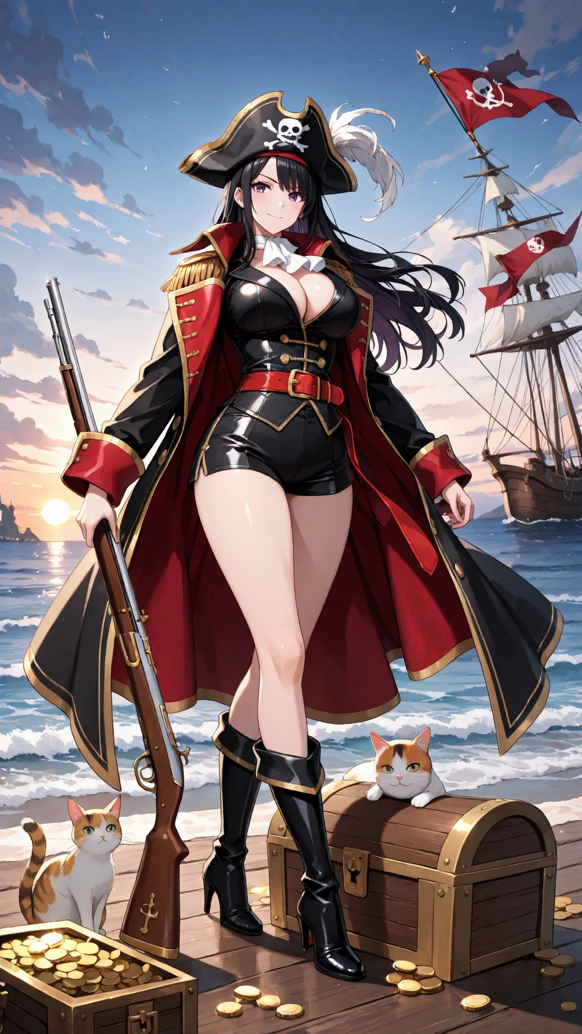 High Quality, masterpiece, Detailed, 1 woman, long black hair, Purple Eyes, Confident expression, plump breasts, slim waist, long legs, black and gold pirate coat, Highly Exposing Clothes, red belt, shorts with back of head, High Heel Boots, Pirate Hat, Musket, Proud Posture, Move Like Cats, aristocratic atmosphere,  Seaside Rocky Place, Twilight Sky, ship flag, Treasure Chest, adventurous atmosphere, cool expression, coexistence of strength and elegance