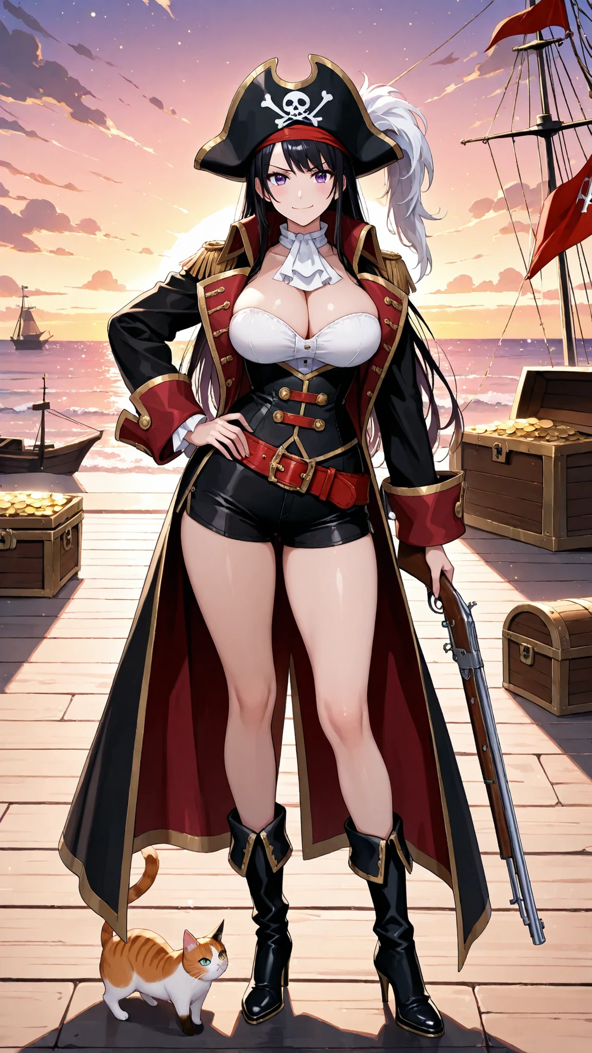High Quality, masterpiece, Detailed, 1 woman, long black hair, Purple Eyes, Confident expression, plump breasts, slim waist, long legs, black and gold pirate coat, Highly Exposing Clothes, red belt, shorts with back of head, High Heel Boots, Pirate Hat, Musket, Proud Posture, Move Like Cats, aristocratic atmosphere,  Seaside Rocky Place, Twilight Sky, ship flag, Treasure Chest, adventurous atmosphere, cool expression, coexistence of strength and elegance