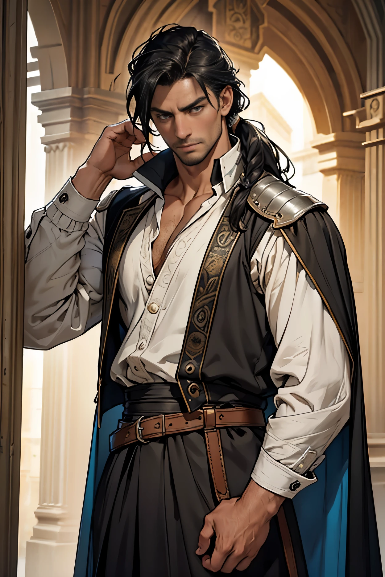 ((Best quality)), ((masterpiece)), ((realistic cartoon)), ((perfect character)):
In this stunning and highly detailed realistic cartoon, we present a male human. The man stands tall, a middle-aged man, stoic face, and he's a psyker and doctor, and powerfully built, he has tan skin, strong board shoulder, muscular body, and long raven black hair tie in low ponytail, he had grey eyes, wore Galavant Costume Medieval Renaissance Knight Warrior Coat Jacket Men Buckle Leather Strap Cotton Vest Outfit Belt, sword hang on the belt
Every element of this masterpiece is carefully designed to create a sense of realism and immersion. The intricacies of the man's clothing, the mesmerizing effects of the area around him and he was in the palace hall, and the level of detail in his weathered face all contribute to a captivating visual experience. This artwork is presented in stunning UHD resolution, allowing you to appreciate every nuance and intricacy in breathtaking detail.
Eye level, scenic, masterpiece.