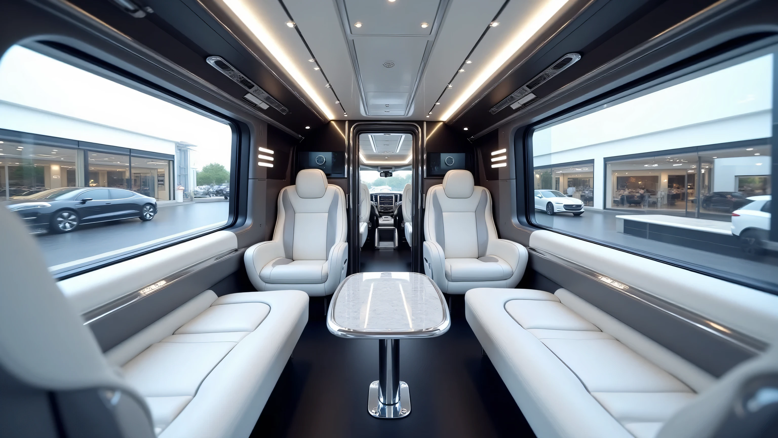 DE_style, Interior view of a compact premium motorhome lounge designed in futuristic HUMMER style. The seating is sleek and modern, arranged in a narrow but functional layout with white and grey leather upholstery, smooth contours, and a premium finish. Glossy metallic trims run along the seat edges and side panels, perfectly matching the HUMMER motorhome’s exterior design language. The lounge includes a futuristic minimalist coffee table with a glossy white surface, positioned between the seats. Overhead, sleek recessed ceiling lights provide a soft ambient glow, reflecting gently off the metallic trims and leather textures. The flooring is smooth, polished in a dark matte finish for contrast, enhancing the modern aesthetic. Large rectangular glass windows line the side, but the outside view clearly shows bright showroom walls, reinforcing the indoor environment. The entire space feels futuristic yet compact, not oversized, with a high-end minimalist aesthetic that radiates premium HUMMER identity.