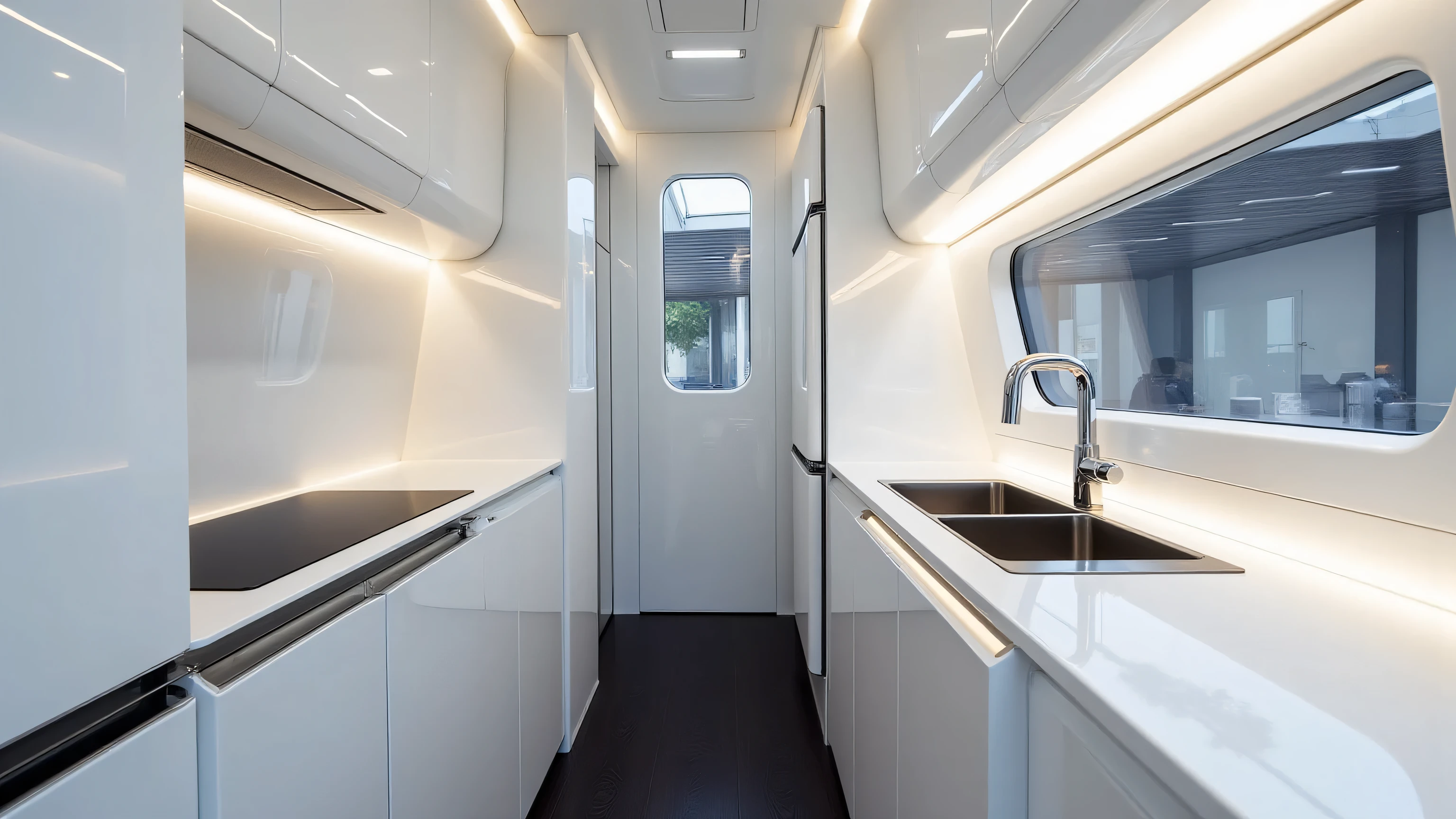 DE_style, Interior of a compact luxury HUMMER motorhome kitchen, designed with a futuristic minimalist style and a narrow but highly functional layout. The cabinetry is glossy white with seamless flat panels, accented by slim metallic trims that reflect soft ambient light. Integrated into the cabinetry is a slim vertical fridge with a sleek, handle-less design, blending perfectly into the futuristic aesthetic. A black induction stove with a smooth glass surface is seamlessly mounted into the counter, beside a compact stainless-steel sink with a modern square basin and a slim metallic faucet. Above the counter, LED under-cabinet lighting casts a soft, clean glow, highlighting the glossy finishes and metallic details. The counter space is minimal yet efficient, designed for compact living while still looking premium. The flooring is dark polished material, contrasting elegantly with the bright cabinetry. A narrow rectangular glass window is positioned above the counter, showing the interior walls of a showroom outside, reinforcing the setting. Every detail matches the HUMMER’s futuristic exterior design language, creating a compact, stylish, and premium kitchen space
