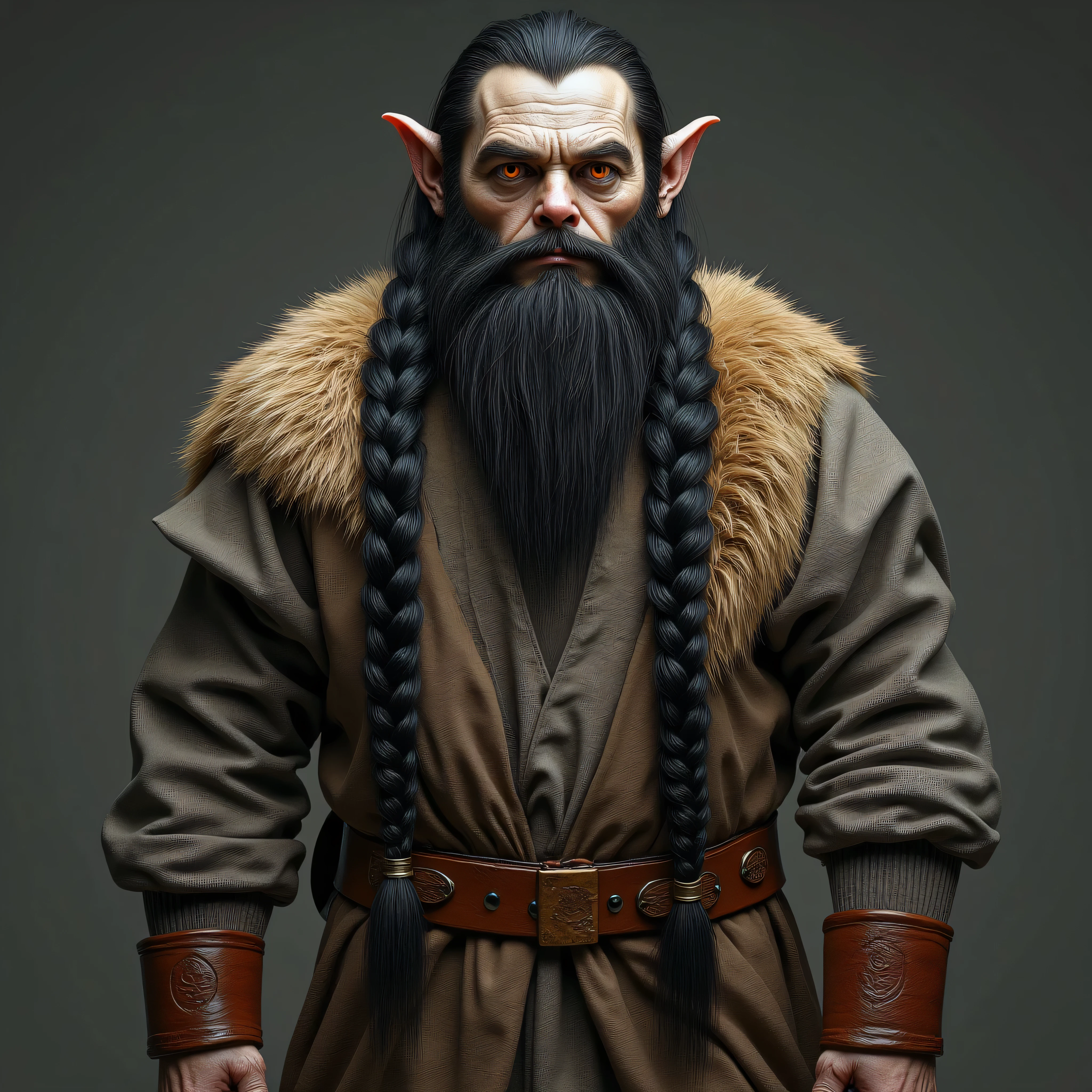 A realistic, high resolution photograph of an medieval era young adult Orc; full body frontal view facing the camera with arms at his sides looking at the camera. There is extra space in the photo above his head. He has an average sized build. He has long black hair in two long braided pigtails held together by rune carved wooden rings. He also has a thick pointed beard but no hair on his upper lip. He does not have a moustache. There is no hair on his upper lip but he has a beard. He has a weathered, angular face with a large nose and a short, thick neck. His ears are flat to his skull. He has orange eyes, a grey/brown complexion and his ears are flat to his skull. His mouth is closed and he has a studious expression on his face. He is wearing a grey tunic, a tribalist brown hide with sheep's wool trim jacket and brown leather breeches. There is no one else in the photo. There is extra space above the subject’s head and centered composition — suitable for magazine-style layout or cinematic framing.