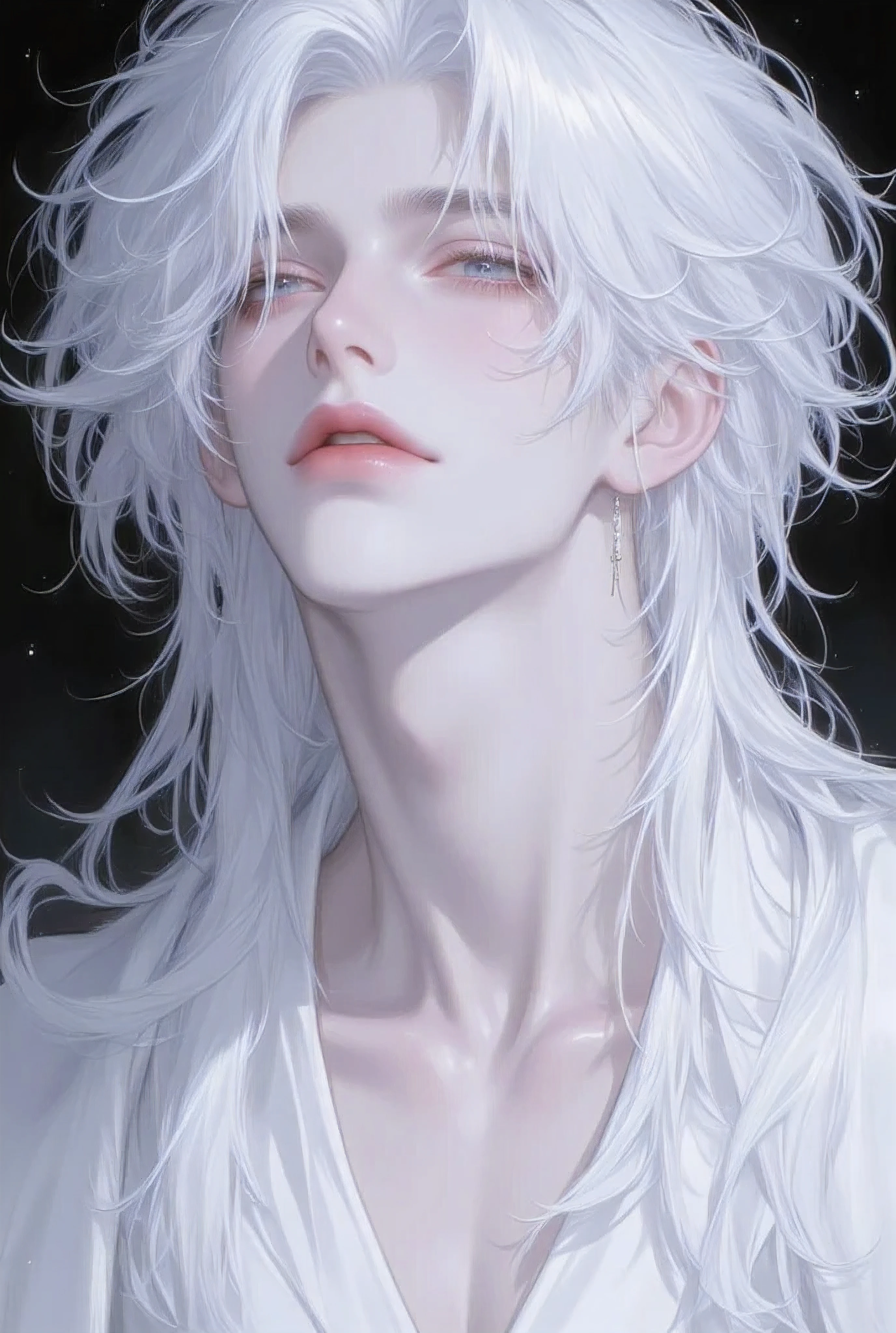 ((oriental)), ((japanese)), 1 adult male with vibrant white hair, radiant skin adorned with glossy full lips. has very long anf messy white hair, parted long bangs, he wears white male kimomo layer by layer, adding a touch of beautiful elegance. The expression is dreamy and radiant, eyes gazing upward, cold and sharp eyes, reflecting a story of desire yet to be told. The background is a soft hazy florescent bioluminescent gray blue over black, complementing her lively yet serene visage. (((white background))), Style: hyper-detailed, soft pastel aesthetic with a touch of sparkle. uhd, dslr, high quality, film grain, intricate detail, hdr, subsurface scattering, specular light, high resolution, bioluminescent lighting sfx, redshift, dust, ambient back lighting, bright, hd textures, Cinematic lighting, ultra high Contrasting, Cinematic, volumetric, atmospheric lighting, dynamic Cinematic movie poster, 900mm, Cinematic angle, (high angle), hyper detailed, hard shadows, Intricate level of detail, hd, detailed texture, ray tracing, hard shadows, trending on art station + uhd + 3d + octane render + unreal engine, 42k