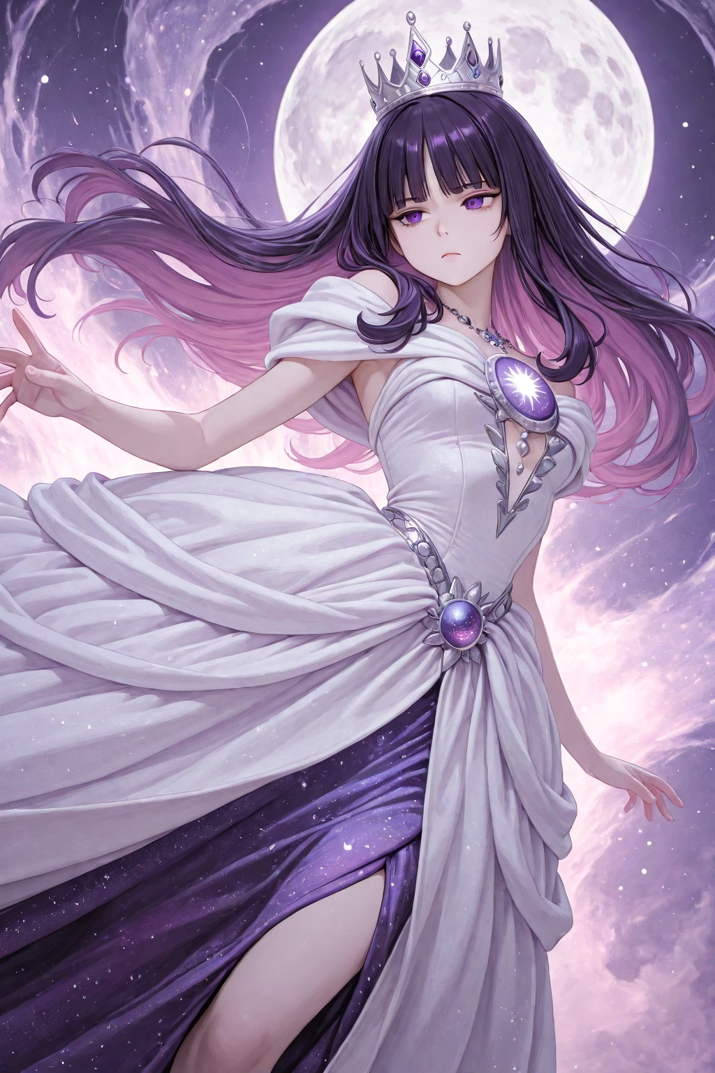 masterpiece,1girl,long hair,braid,purple eyes,bangs,purple hair,(evening_gown:1.2),looking at viewer,hair ornament,standing,<lora:lbc_yayi0427:0.7>,(sunlight),(angel),dynamic angle, floating, wing, halo, floating white silk,(Holy Light),silver stars,