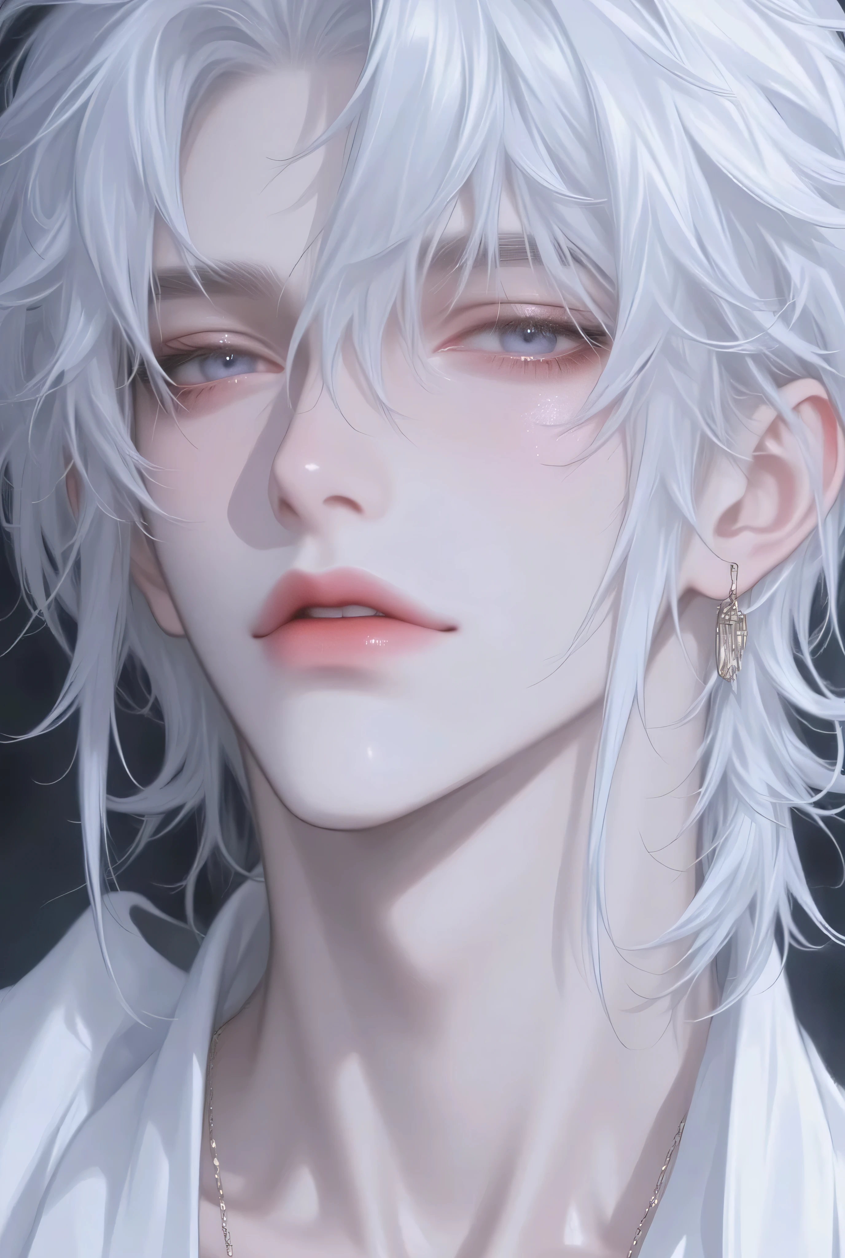 close-up(( Orient)), ((Japanese )),  1 adult male，retains vibrant white hair, Lusty, glowing skin dotted with glossy lips. with very long and messy white hair, separated Long Liu Hai, x} He wears a white men's kimono，Layer after layer, Add a touch of beauty and elegance. Expression Dreamy and radiant,  Eyes staring upwards, Cold and sharp eyes, reflects an untold story of desire. The background is a soft hazy fluorescent bio-glow gray-blue，Overlaid with black, underlines her lively and serene appearance. (((White background))), style: high level of detail, Gentle pastel aesthetic，With a hint of sparkle. uHD, [DSLR, High Quality, Movie顆粒, wrong complex details, HDr, Sub-surface scattering, specular light, High Resolution, Bioluminescent special effects, Redshift, [dust, Ambient backlight, Bright, HD textures, Movie lighting, Super high contrast, Movie, Volumetric, atmospheric lighting, dynamic Movie movie poster, 900mm, Movie angle, (High Angle), super definition, hard shadows, layer of intricate detail, HD, fine texture,  light tracking , hard shadows, is trending on ArtStation + uHD + [3d + Oxane Rendered + phantom engine, 42k