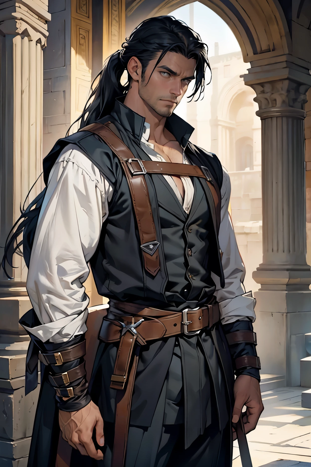 ((Best quality)), ((masterpiece)), ((realistic cartoon)), ((perfect character)):

In this stunning and highly detailed realistic cartoon, we present a male human. The man stands tall, a middle-aged man, stoic face, and he's a psyker and doctor, and powerfully built, he has tan skin, strong board shoulder, muscular body, and long raven black hair tie in low ponytail, he had grey eyes, wore Galavant Costume Medieval Renaissance Knight Warrior Coat Jacket Men Buckle Leather Strap Cotton Vest Outfit Belt, sword hang on the belt

Every element of this masterpiece is carefully designed to create a sense of realism and immersion. The intricacies of the man's clothing, the mesmerizing effects of the area around him and he was in the palace hall, and the level of detail in his weathered face all contribute to a captivating visual experience. This artwork is presented in stunning UHD resolution, allowing you to appreciate every nuance and intricacy in breathtaking detail.

Eye level, scenic, masterpiece.